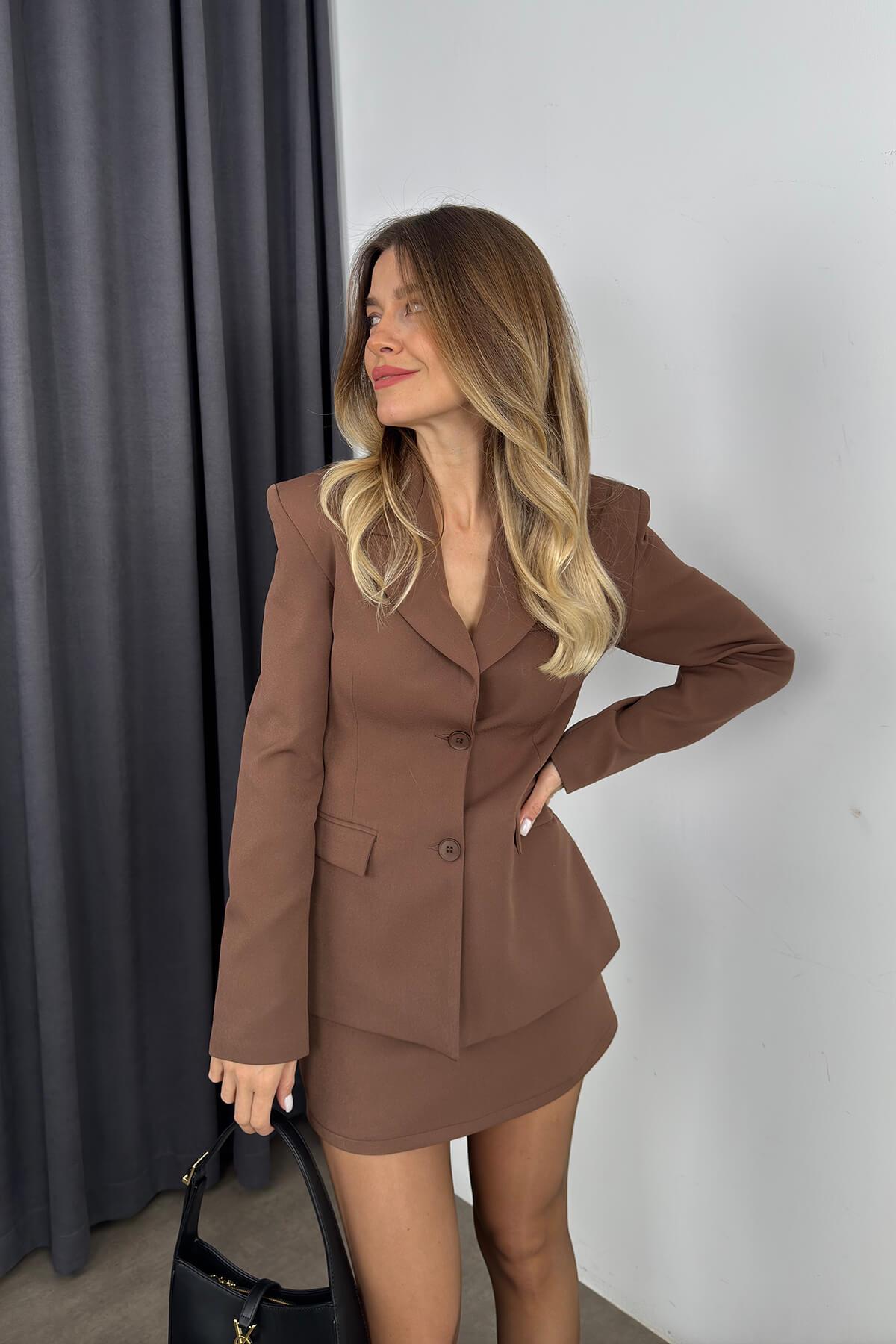 Kahverengi Etek Blazer Ceket Premium Takım