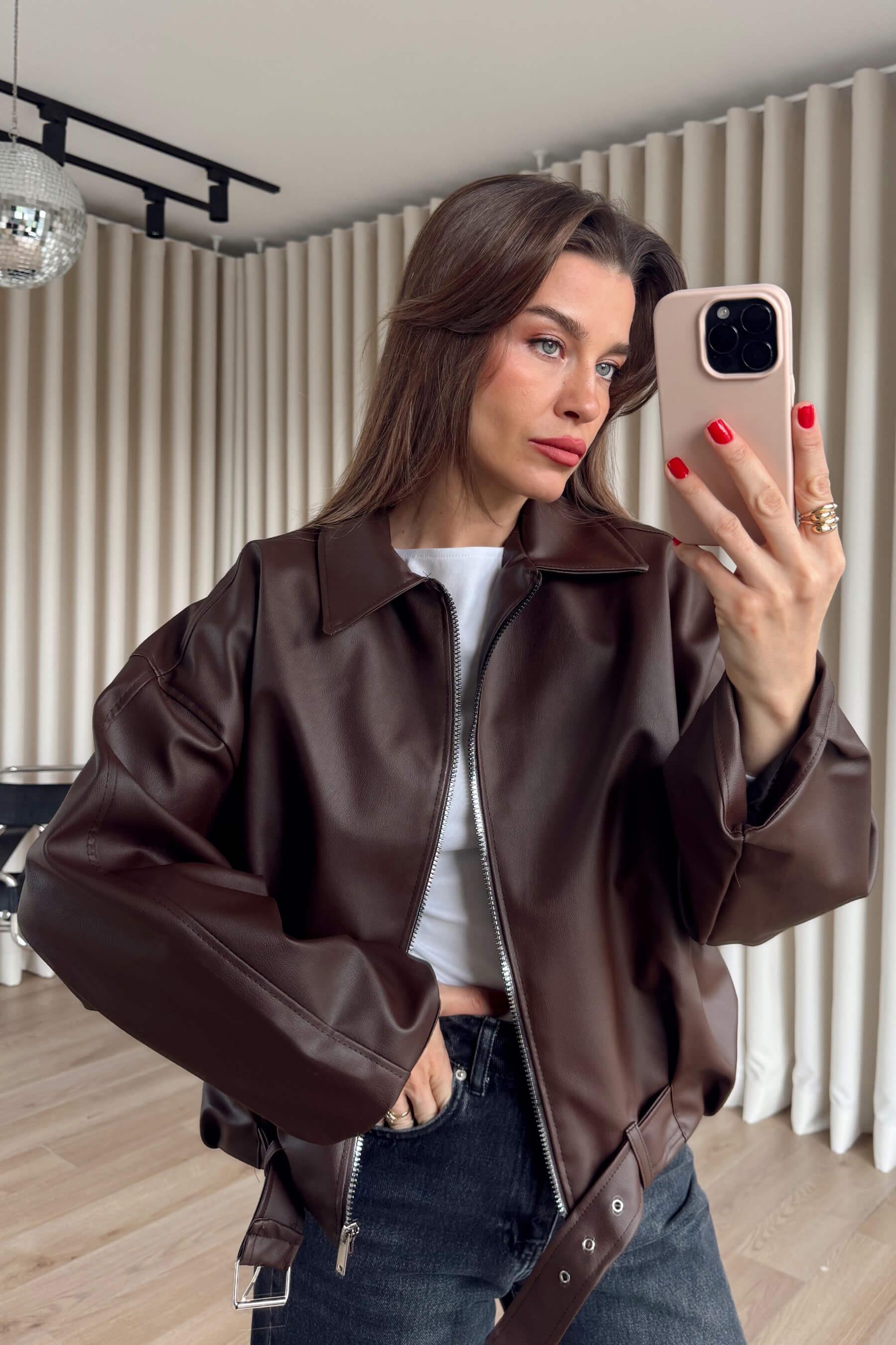 Kahverengi Kemer Detaylı Astarlı Oversize Bomber Deri Ceket