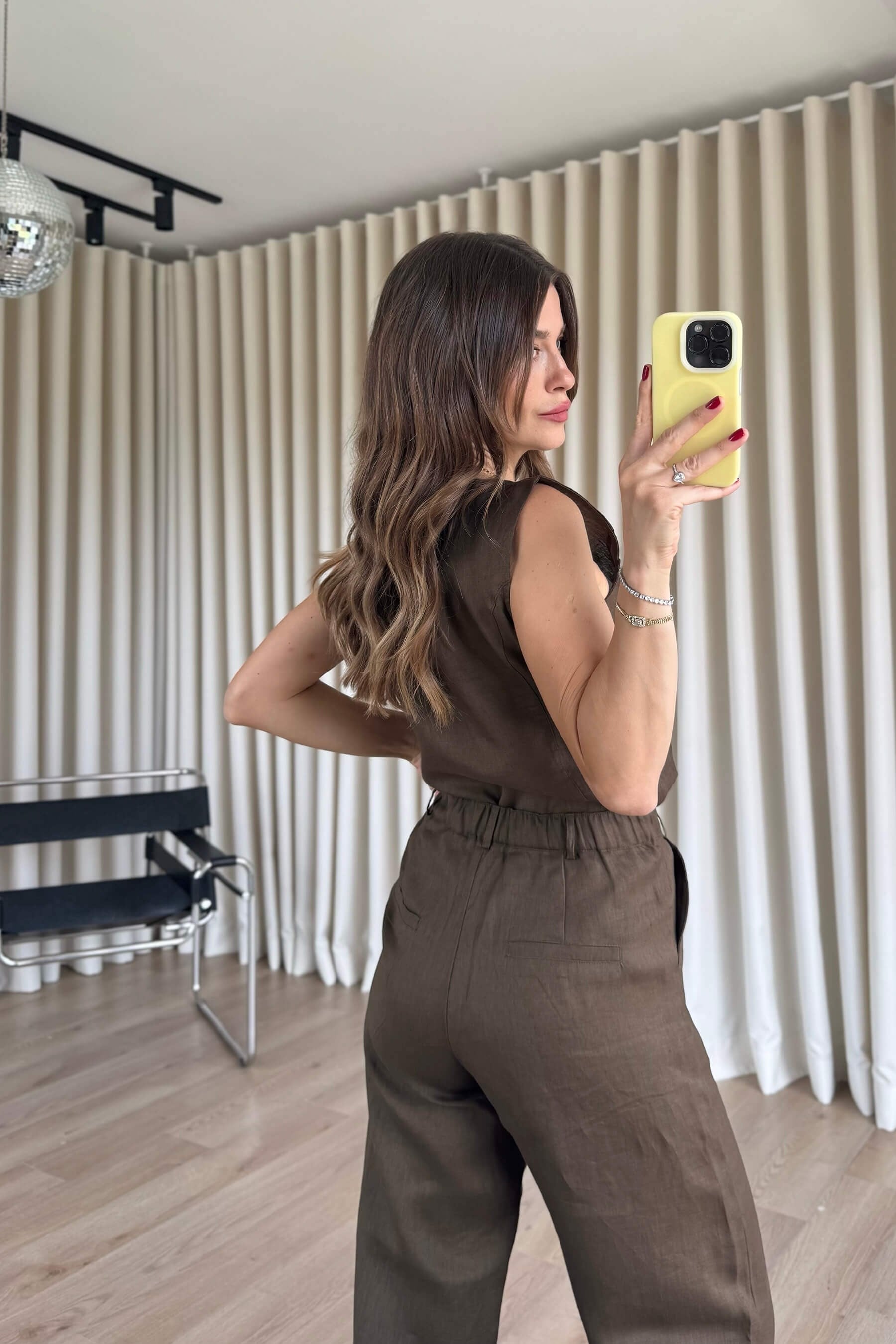 Kahverengi  Kolsuz Bluz Pantolon Keten Takım