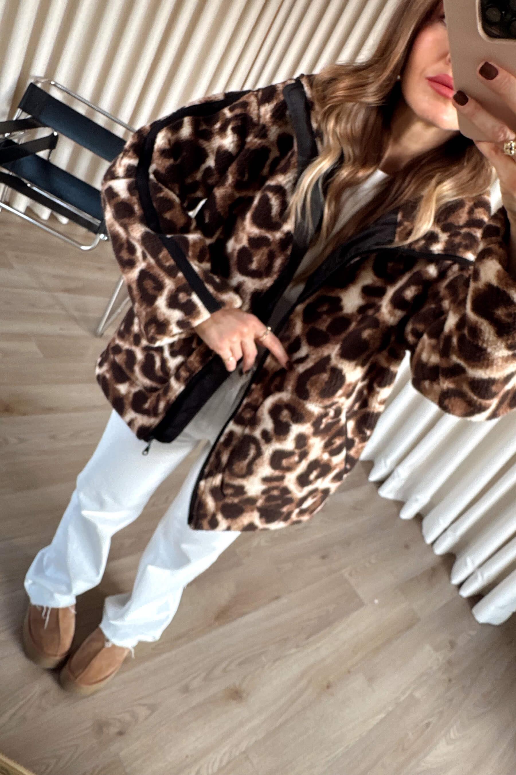 Kahverengi Leopar Desenli Astarlı Fermuarlı Peluş Sweatshirt