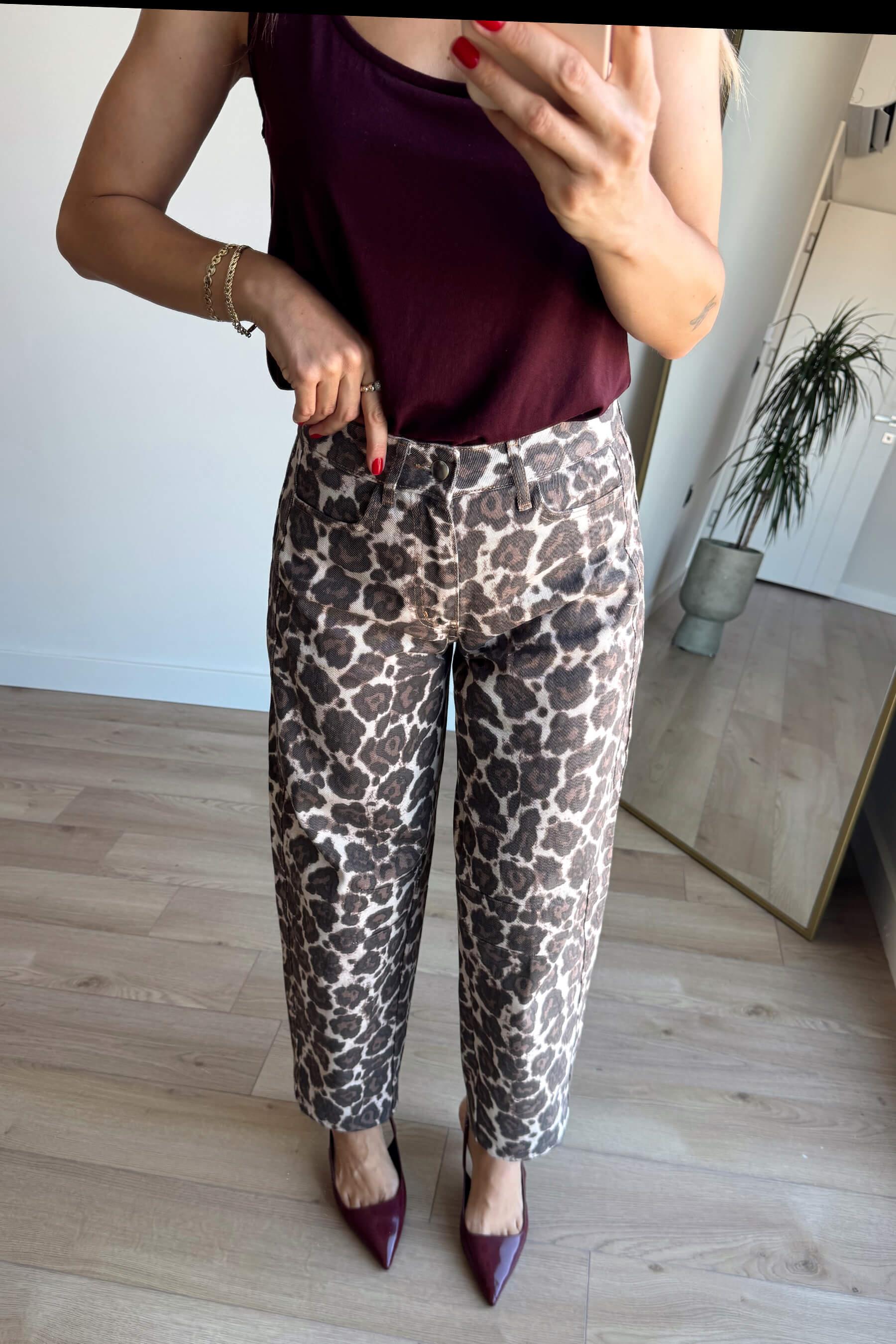 Kahverengi Leopar Desenli Ceket Jean Takım