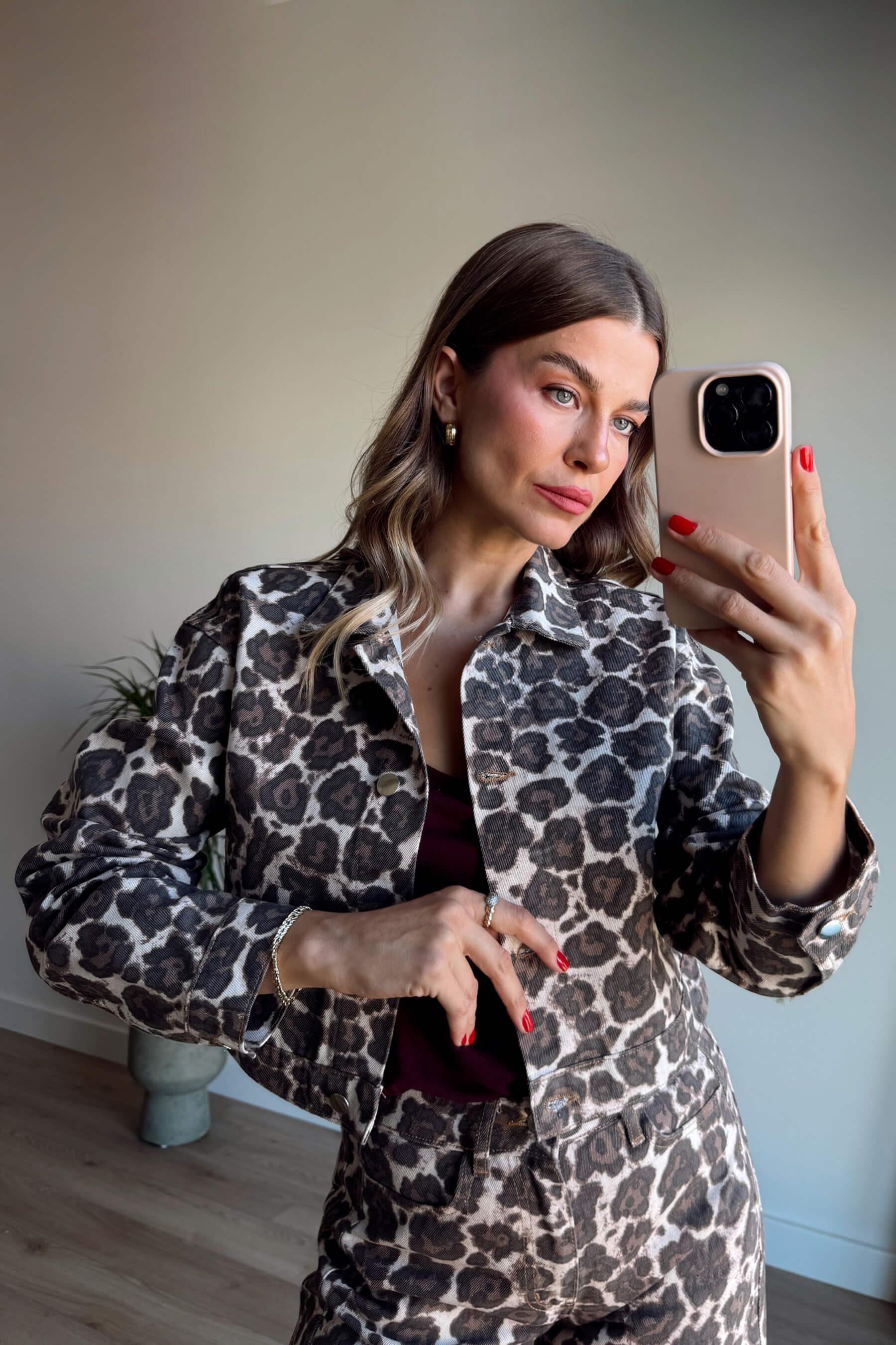 Kahverengi Leopar Desenli Ceket Jean Takım