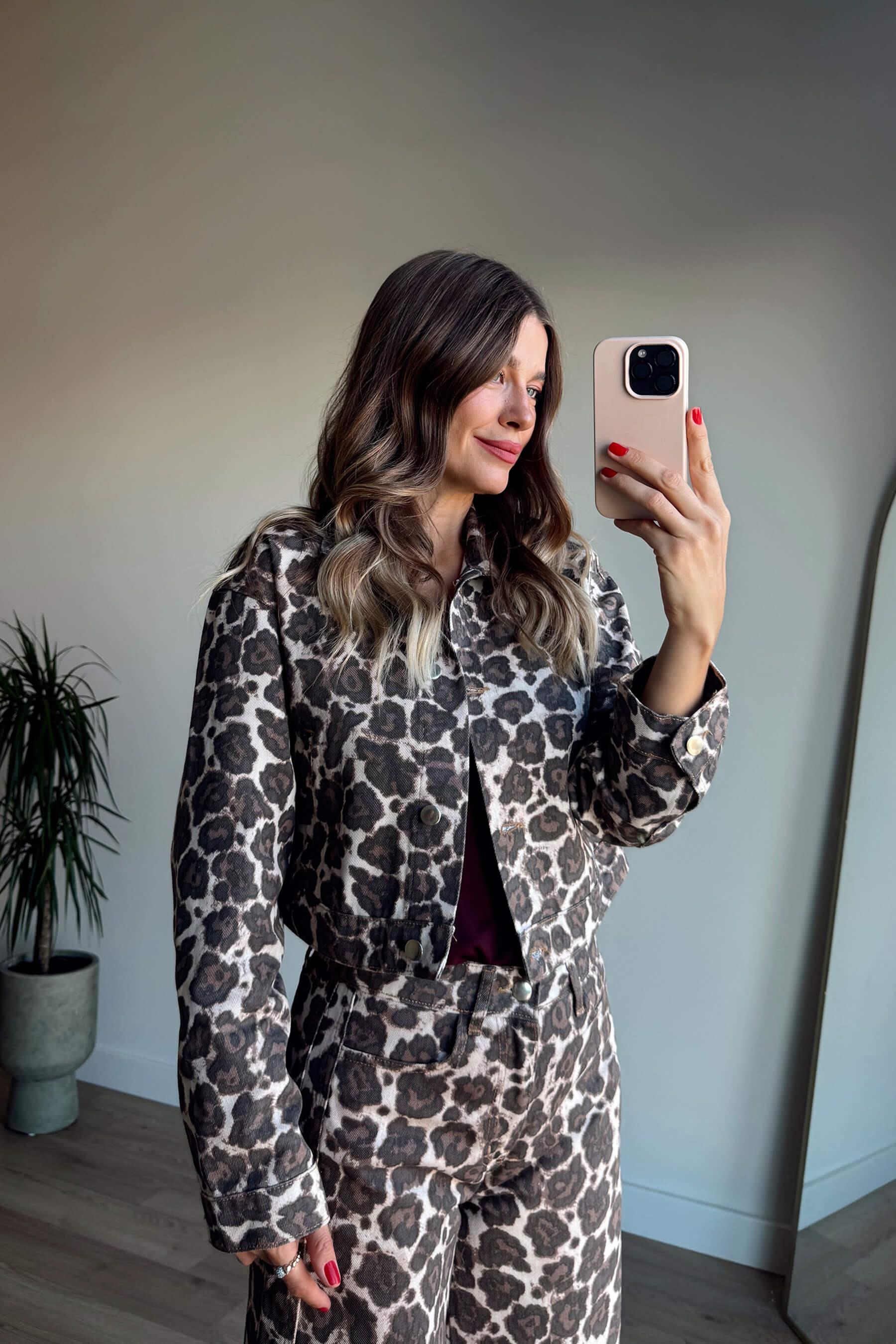 Kahverengi Leopar Desenli Ceket Jean Takım