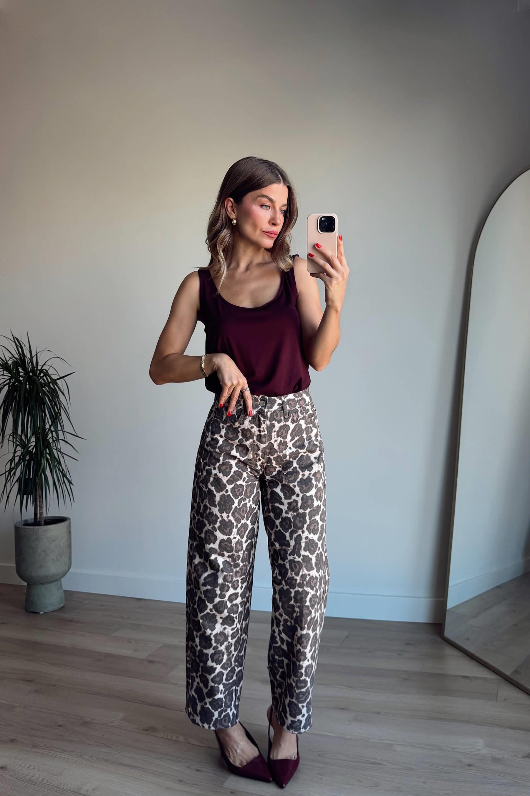 Kahverengi Leopar Desenli Ceket Jean Takım