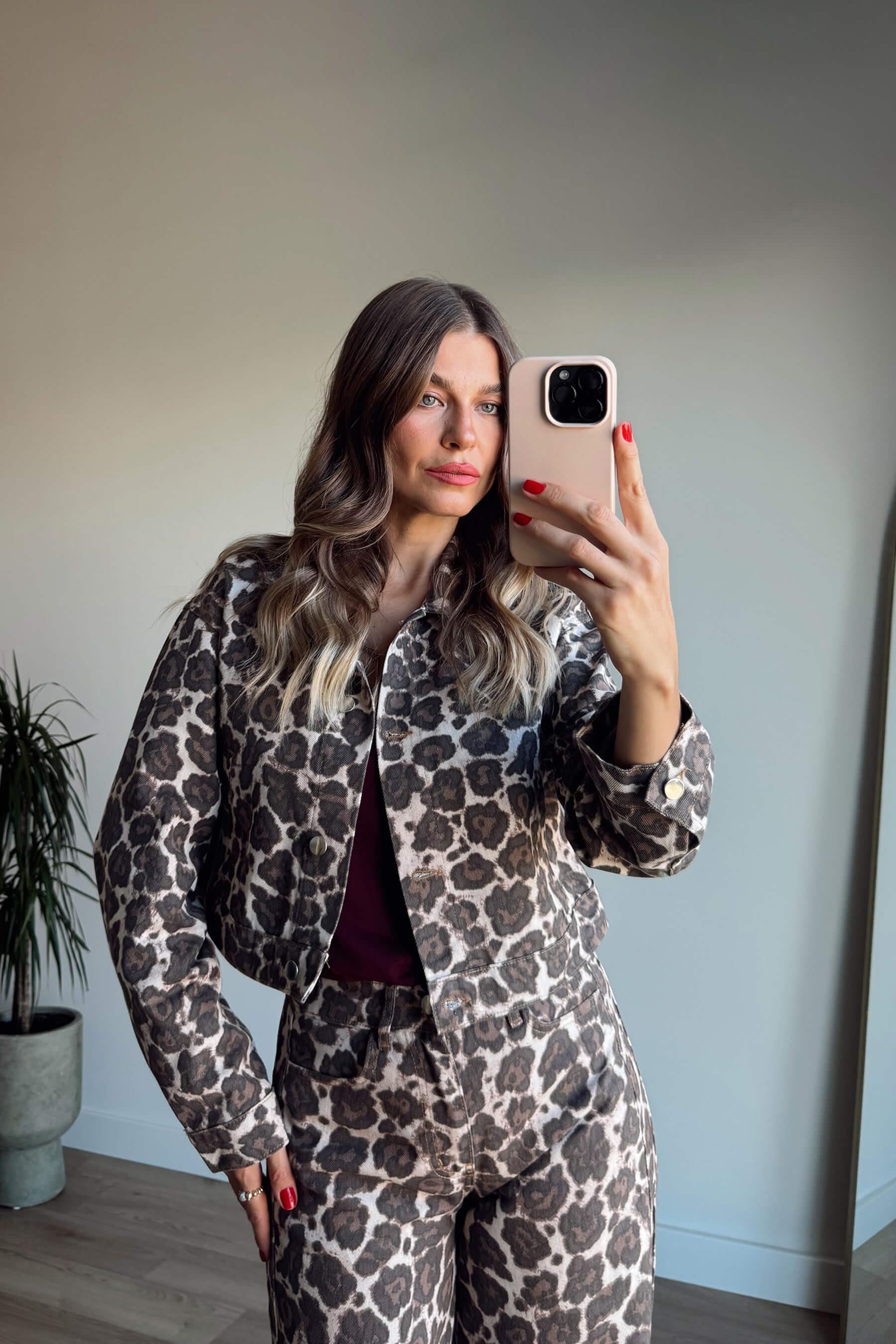 Kahverengi Leopar Desenli Ceket Jean Takım