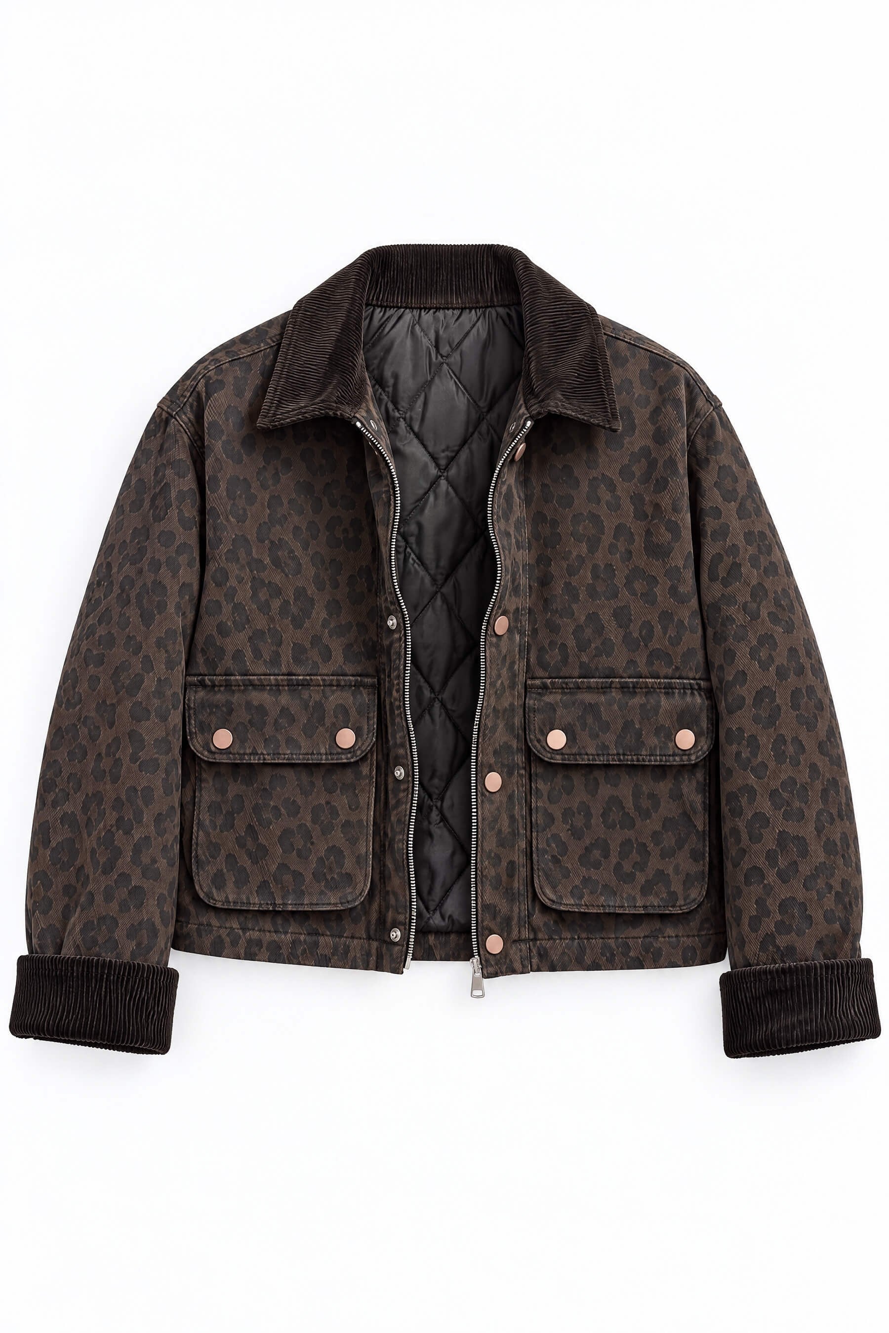 Kahverengi Leopar Desenli Kapitone Kadife Yaka Oversize Ceket