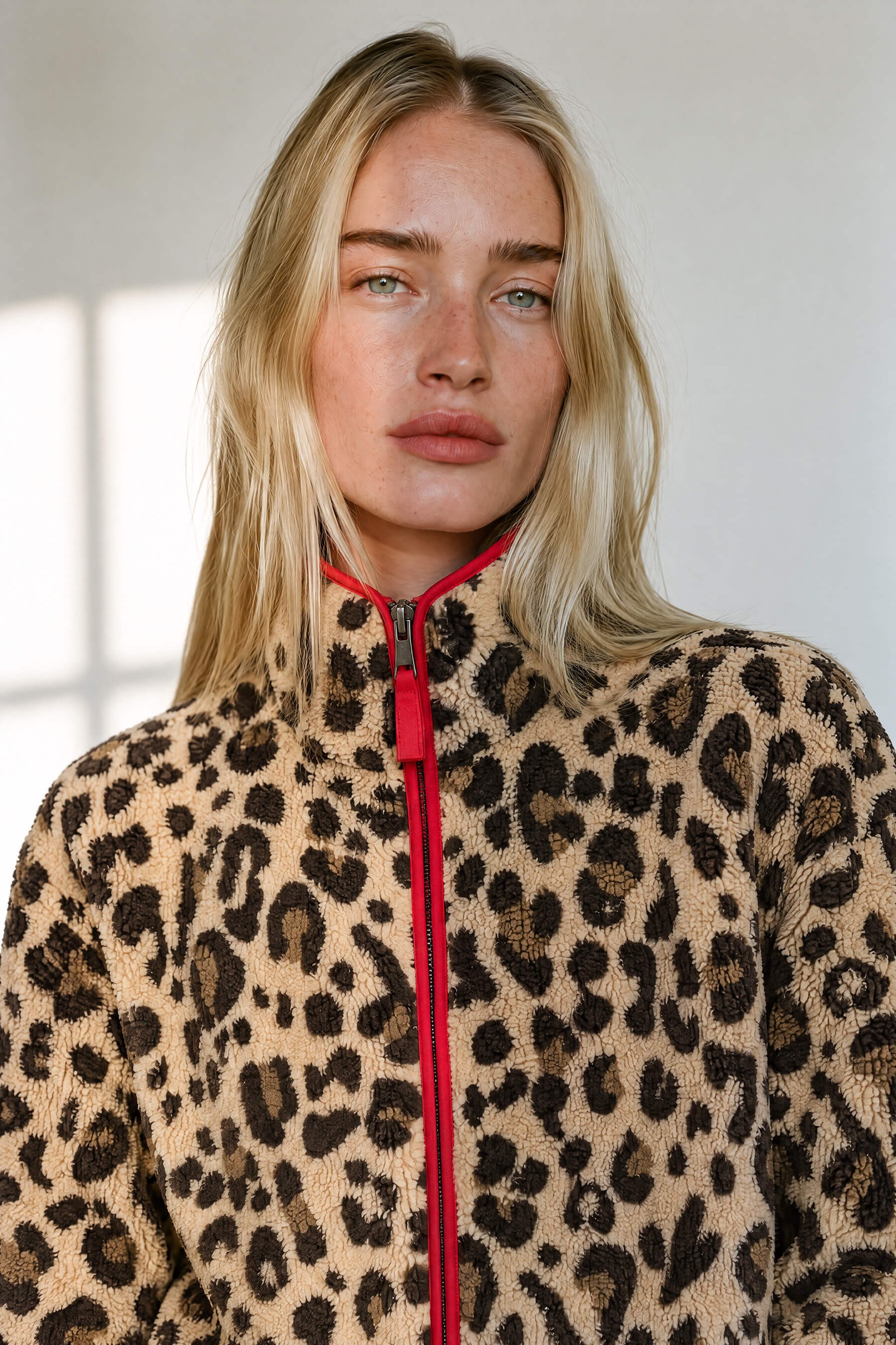 Kahverengi Leopar Kırmızı Biyeli Fermuarlı Oversize Peluş Sweatshirt