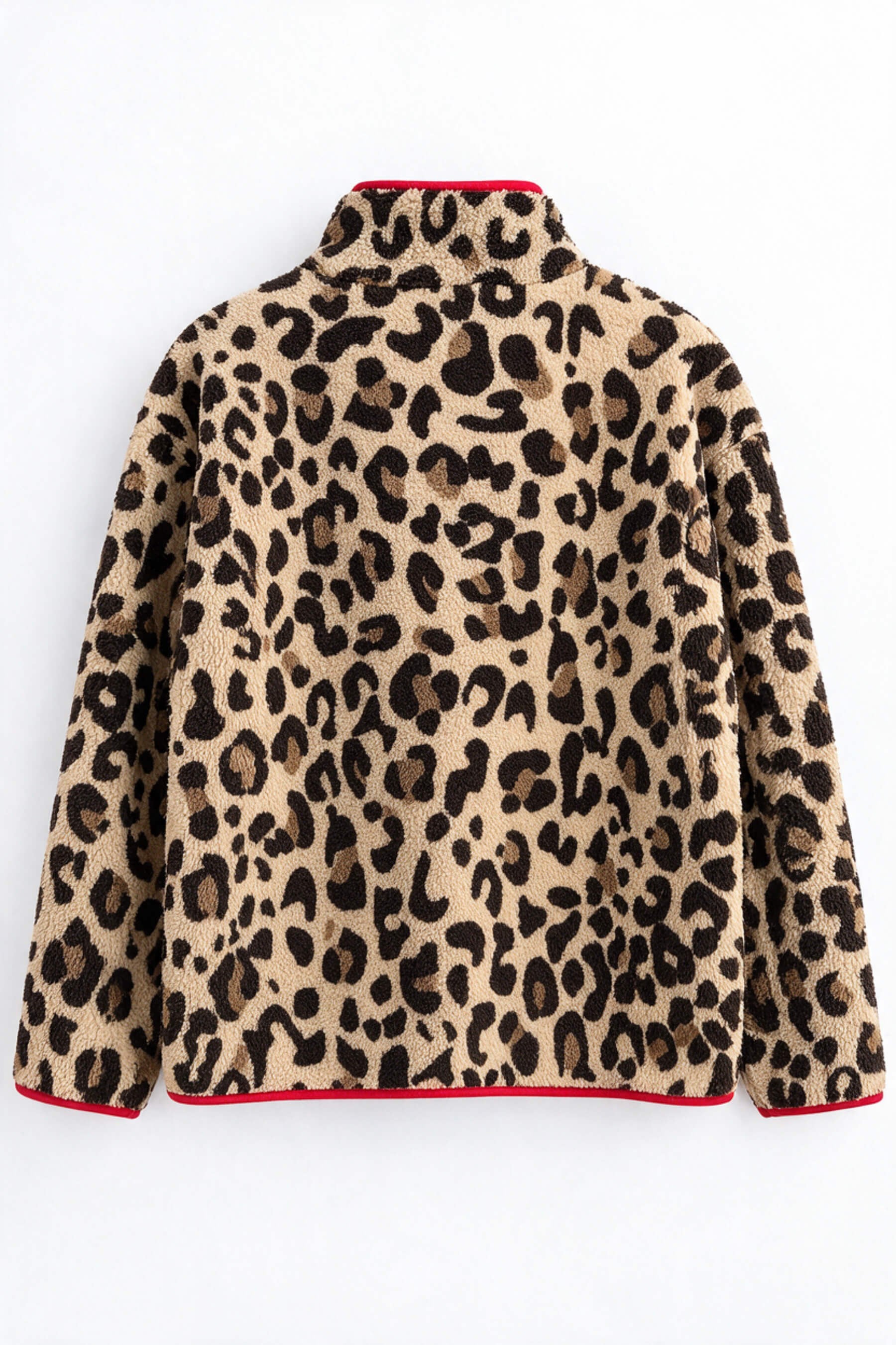 Kahverengi Leopar Kırmızı Biyeli Fermuarlı Oversize Peluş Sweatshirt
