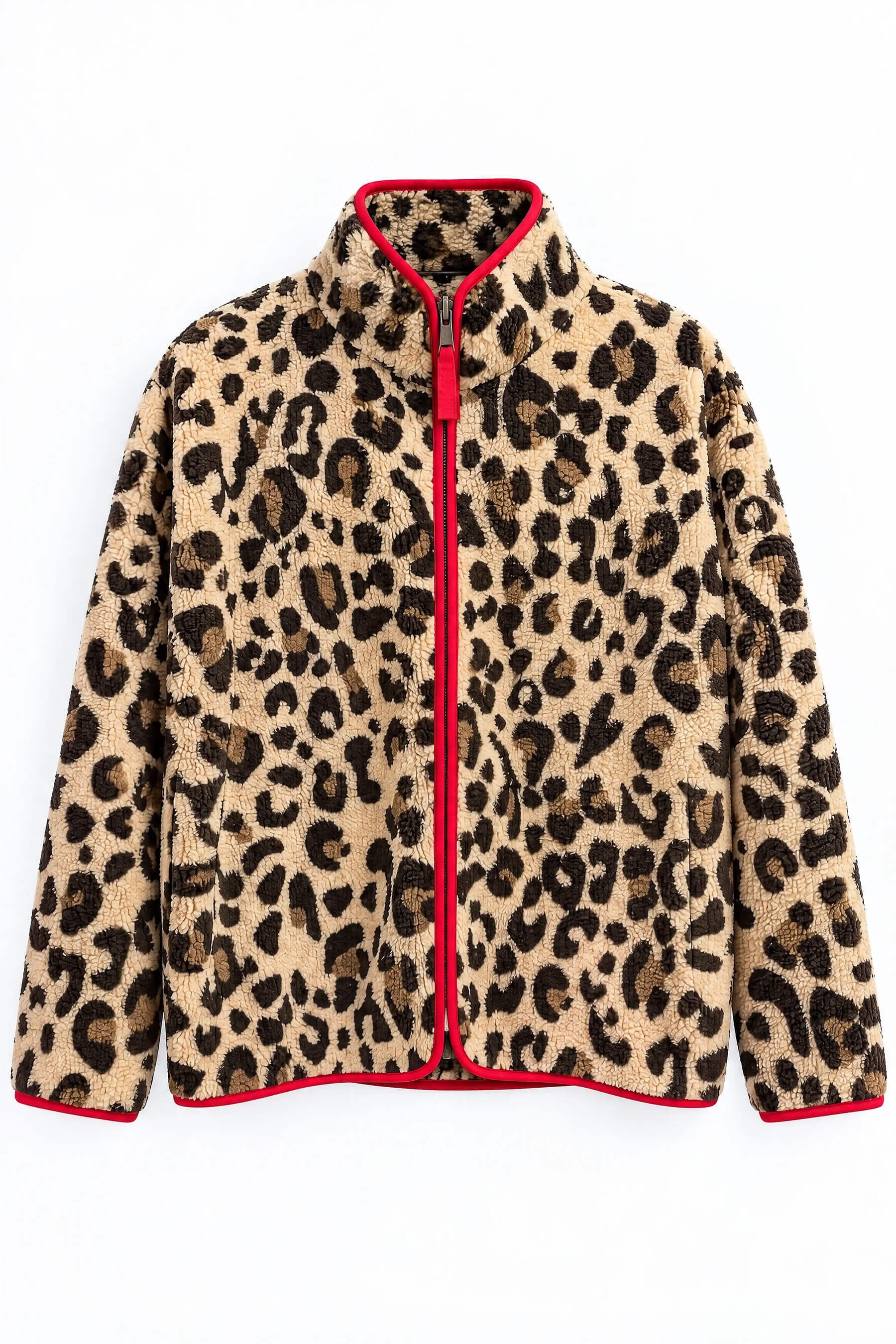 Kahverengi Leopar Kırmızı Biyeli Fermuarlı Oversize Peluş Sweatshirt