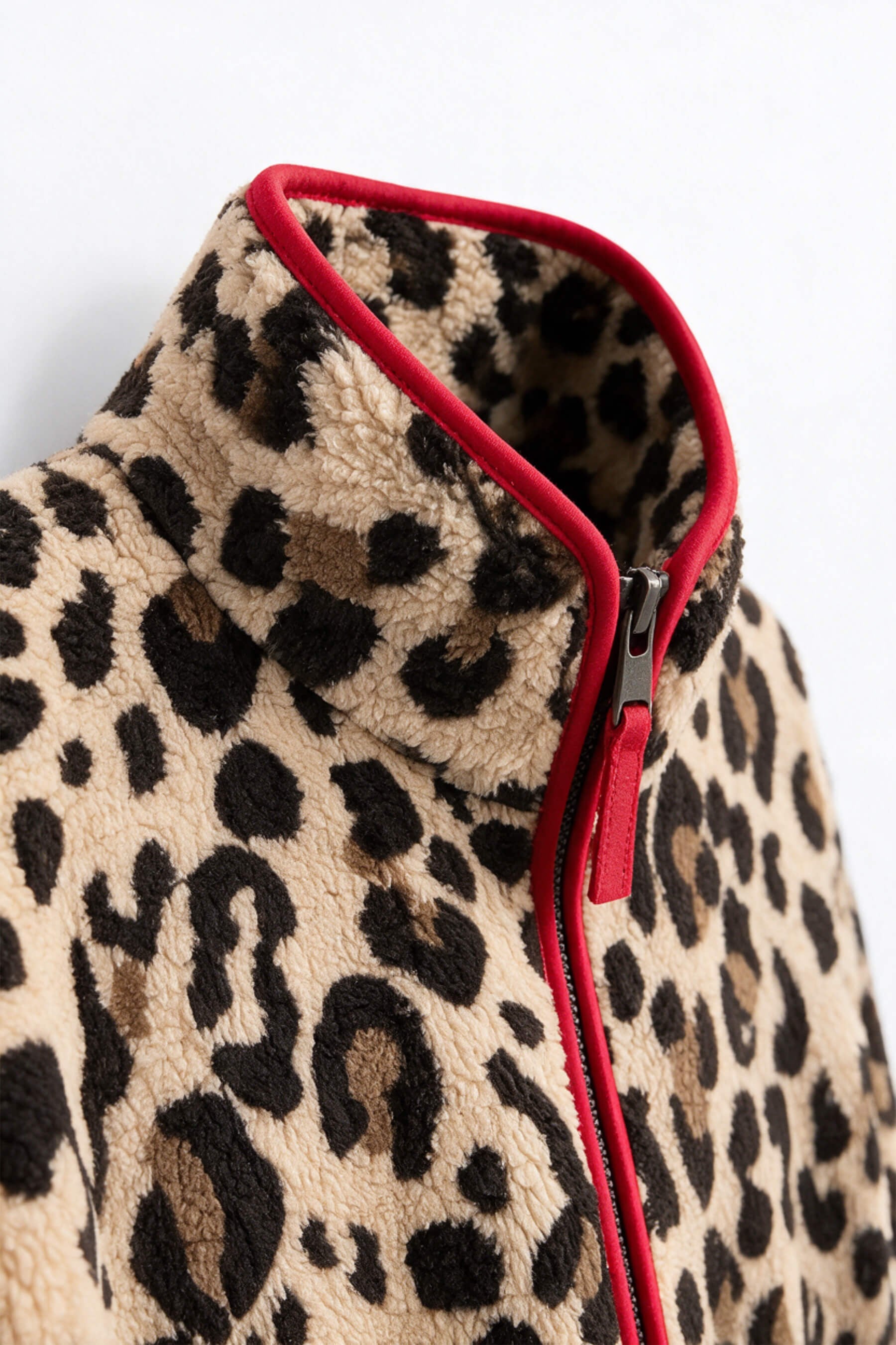Kahverengi Leopar Kırmızı Biyeli Fermuarlı Oversize Peluş Sweatshirt