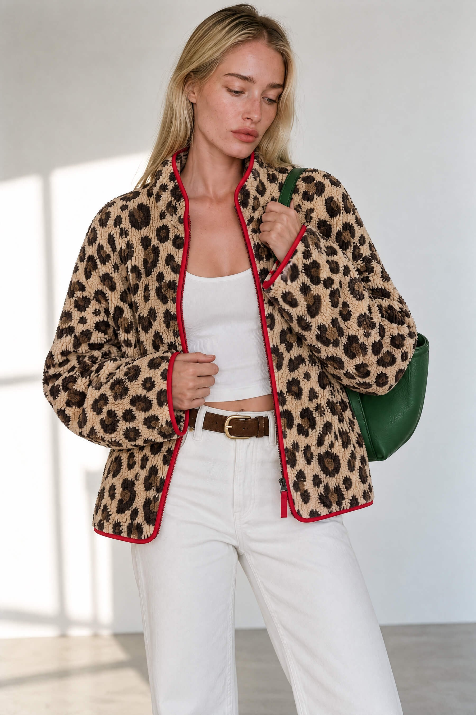 Kahverengi Leopar Kırmızı Biyeli Fermuarlı Oversize Peluş Sweatshirt