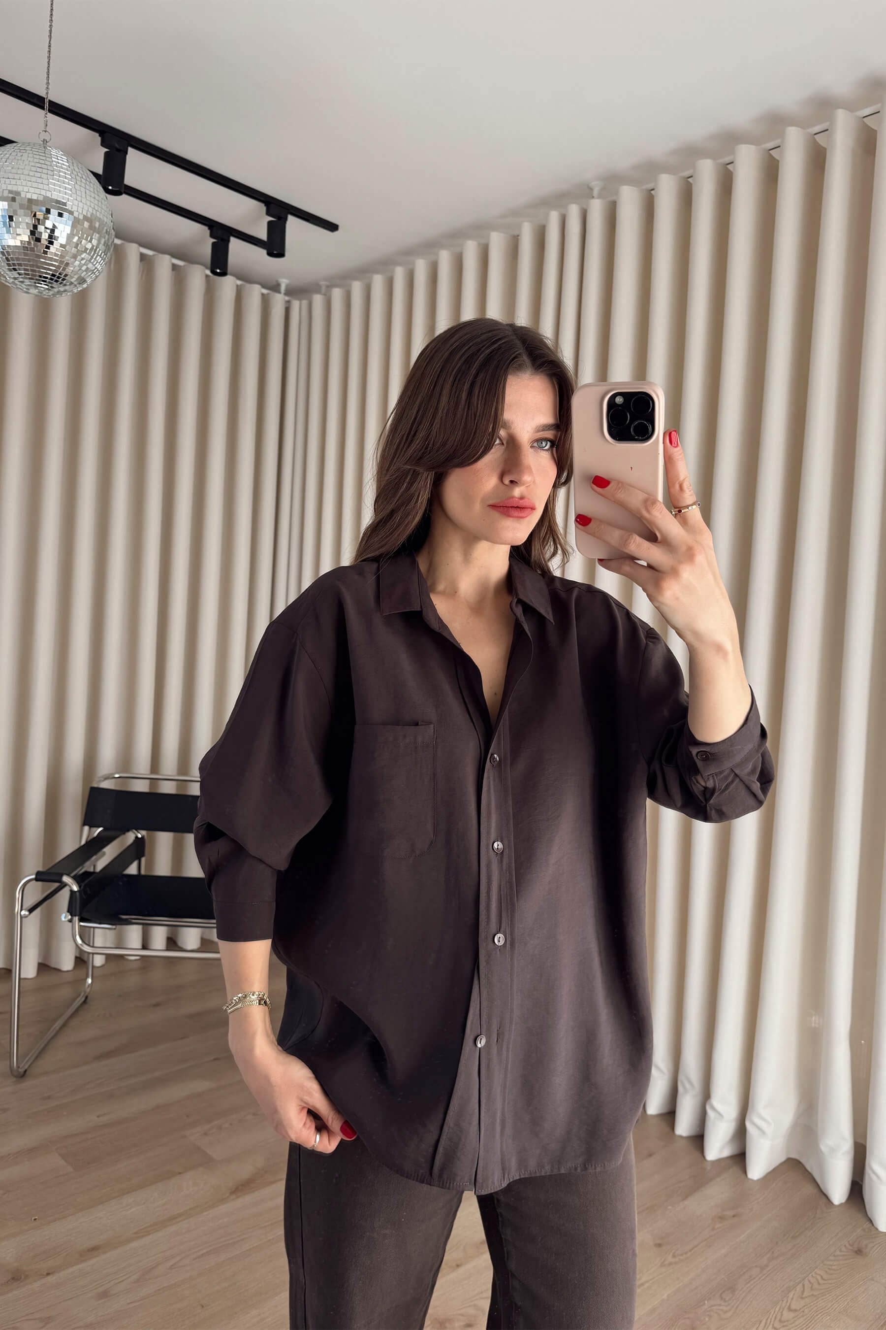 Kahverengi Oversize Modal Kumaş Gömlek