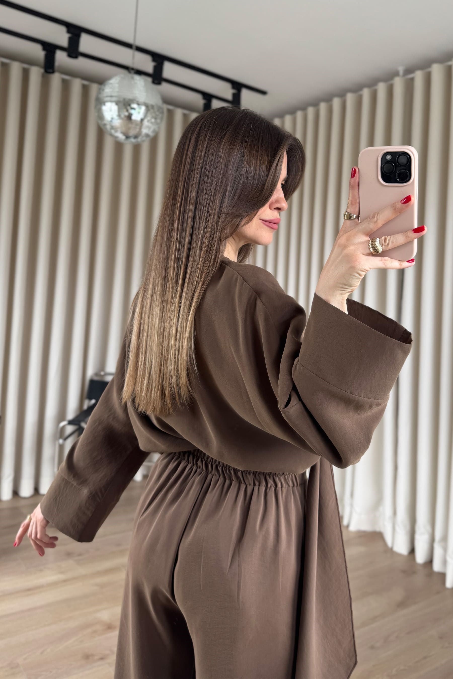 Kahverengi Şal Model Toka Detaylı Modal Pantolon Bluz Takım