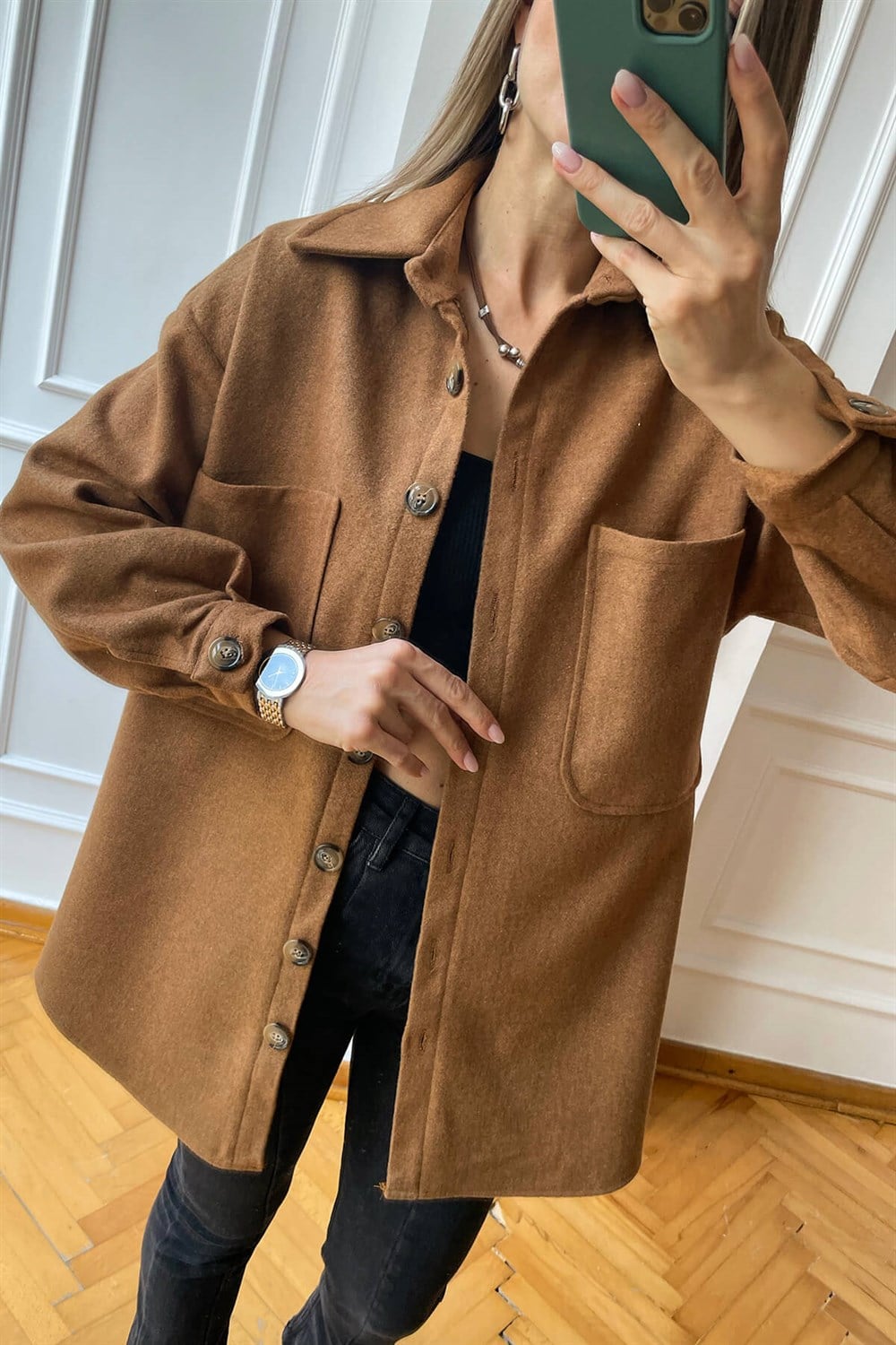 Kiremit Oversize Astarlı Kaşe Gömlek