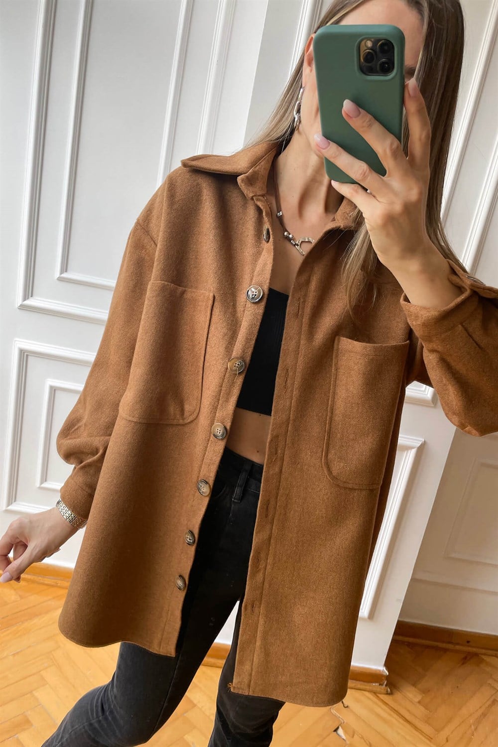 Kiremit Oversize Astarlı Kaşe Gömlek