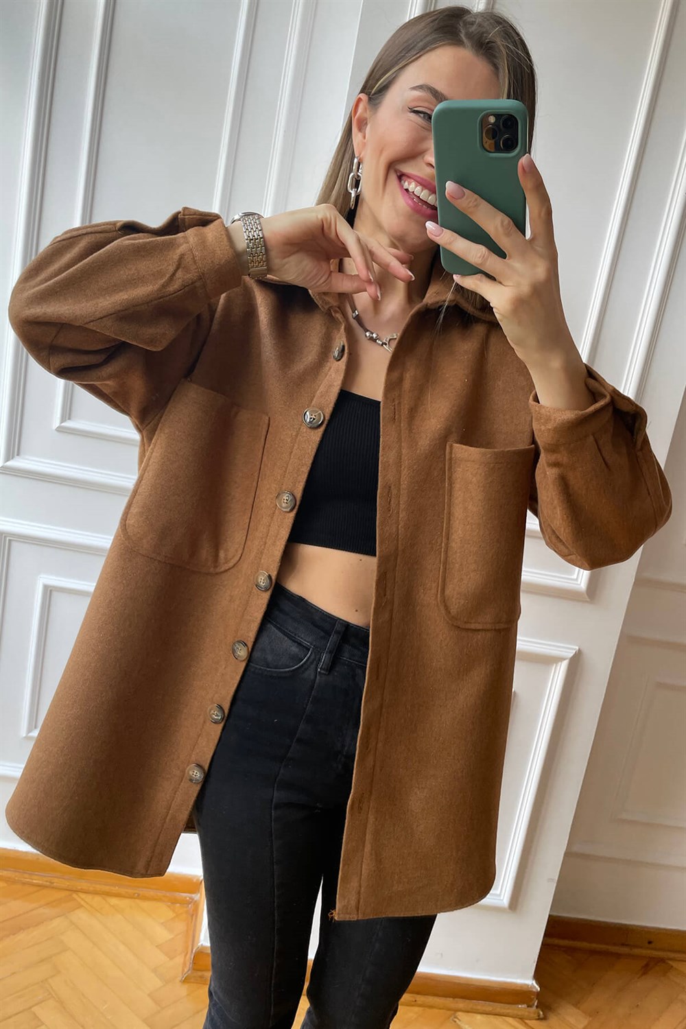 Kiremit Oversize Astarlı Kaşe Gömlek