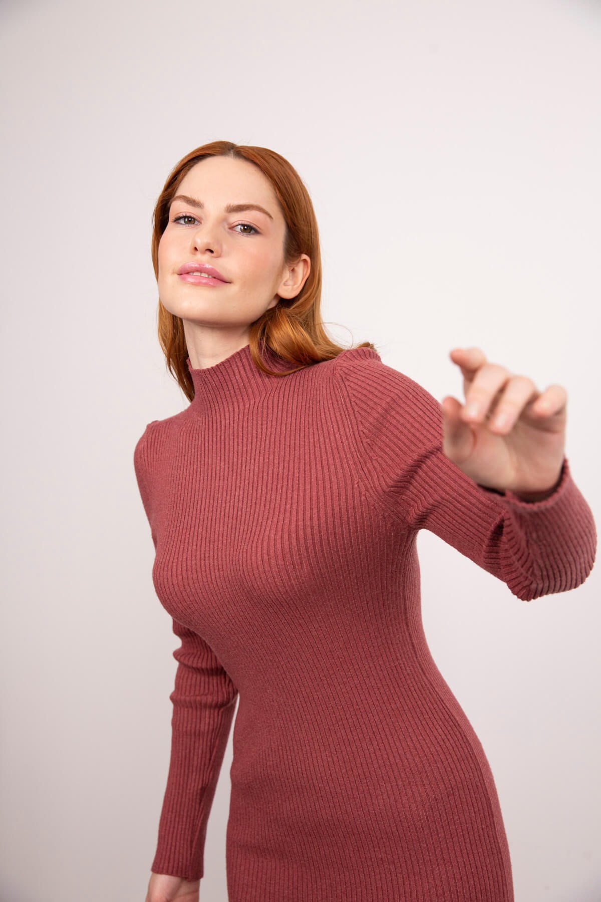 Kiremit Yarım Balıkçı Uzun Triko Elbise
