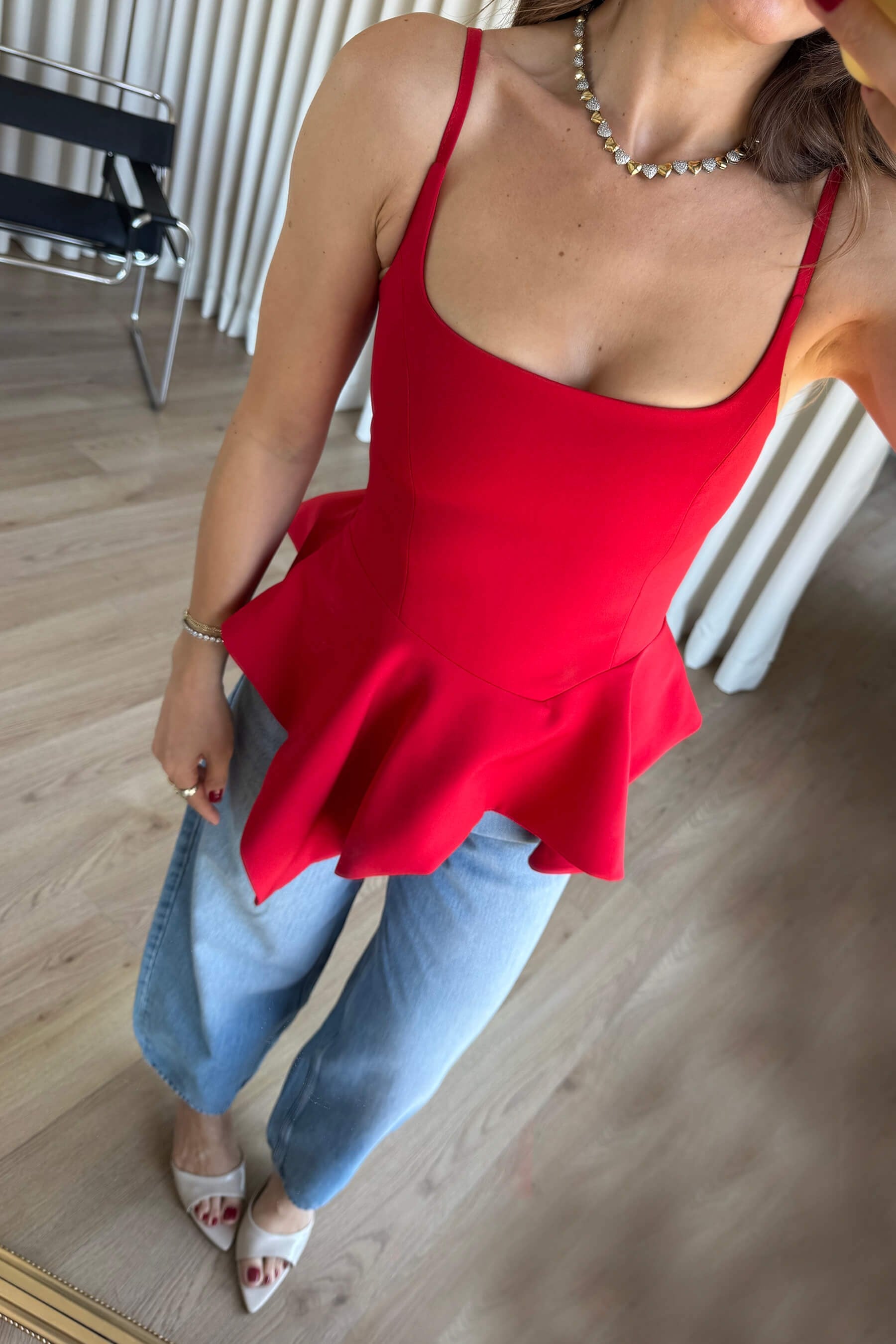 Kırmızı Asimetrik Kesim Astarlı Askılı Bluz