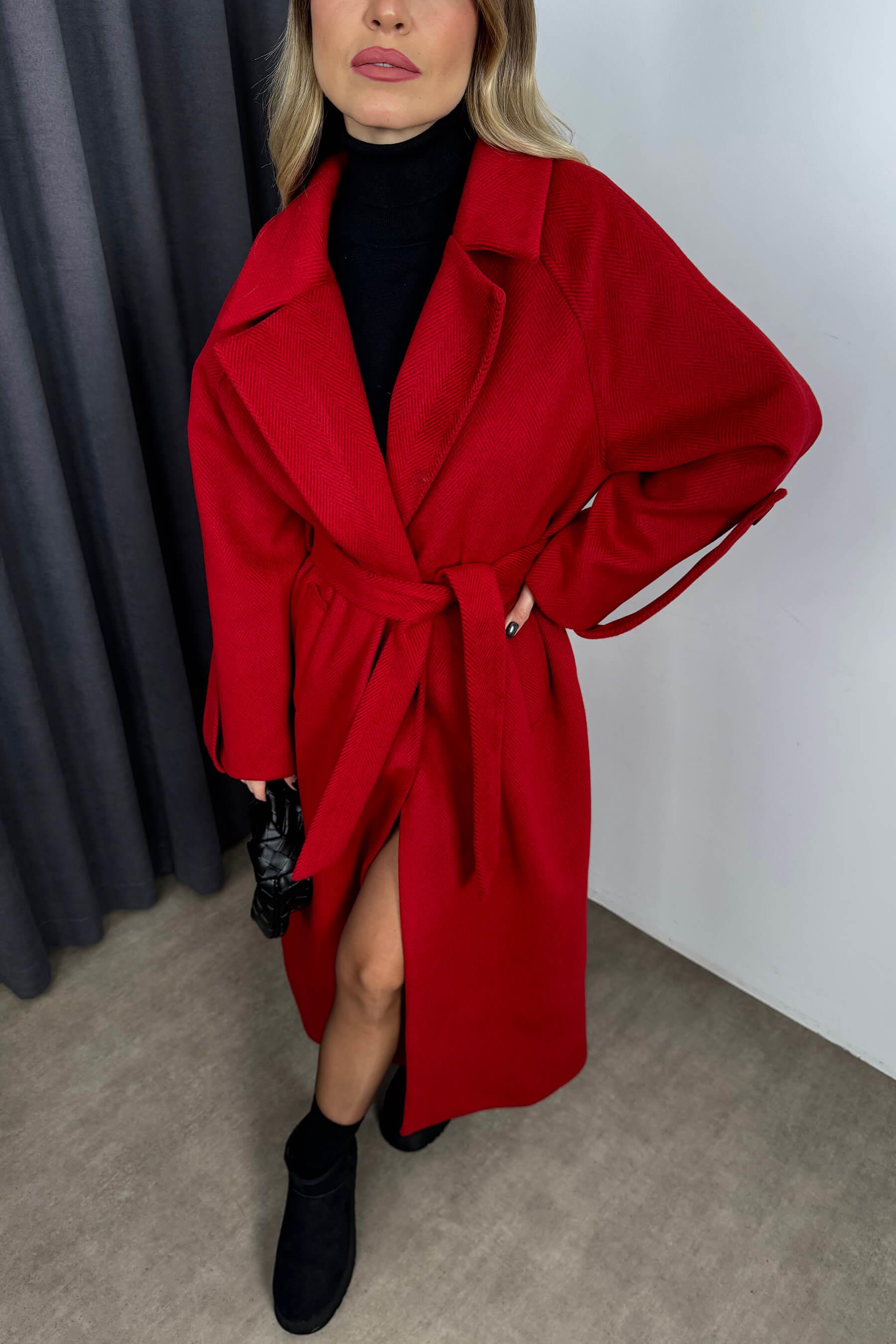 Kırmızı Balıksırtı Model Kuşaklı Astarlı Oversize Yün Kaban