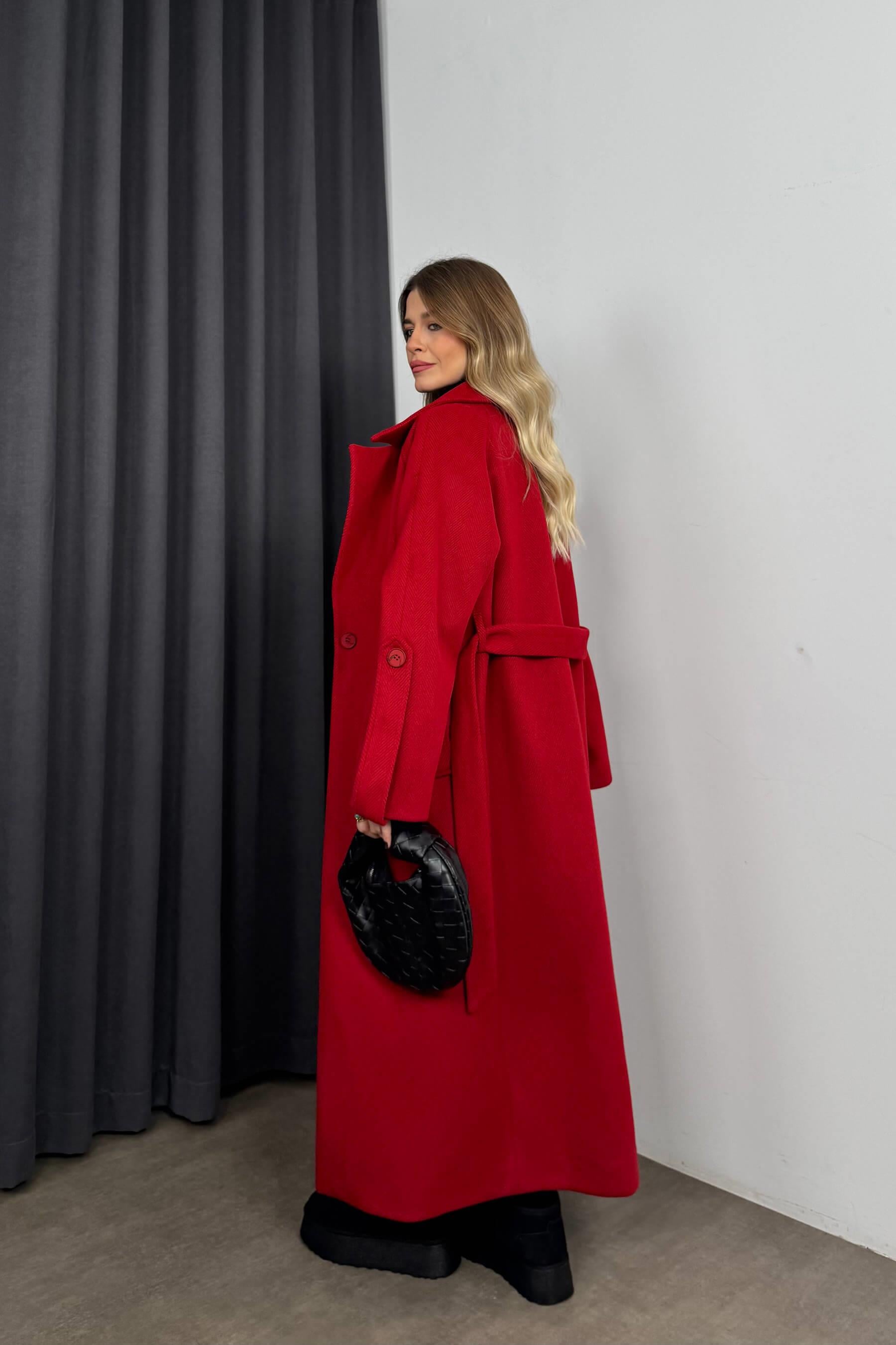 Kırmızı Balıksırtı Model Kuşaklı Astarlı Oversize Yün Kaban