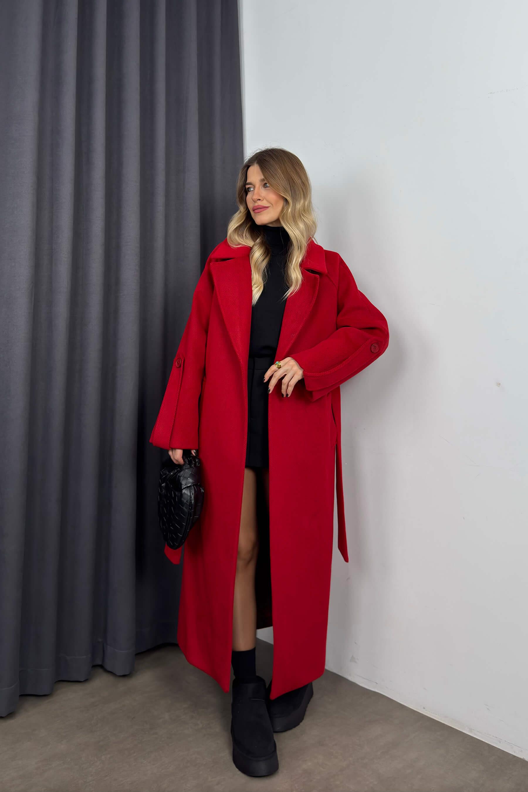 Kırmızı Balıksırtı Model Kuşaklı Astarlı Oversize Yün Kaban