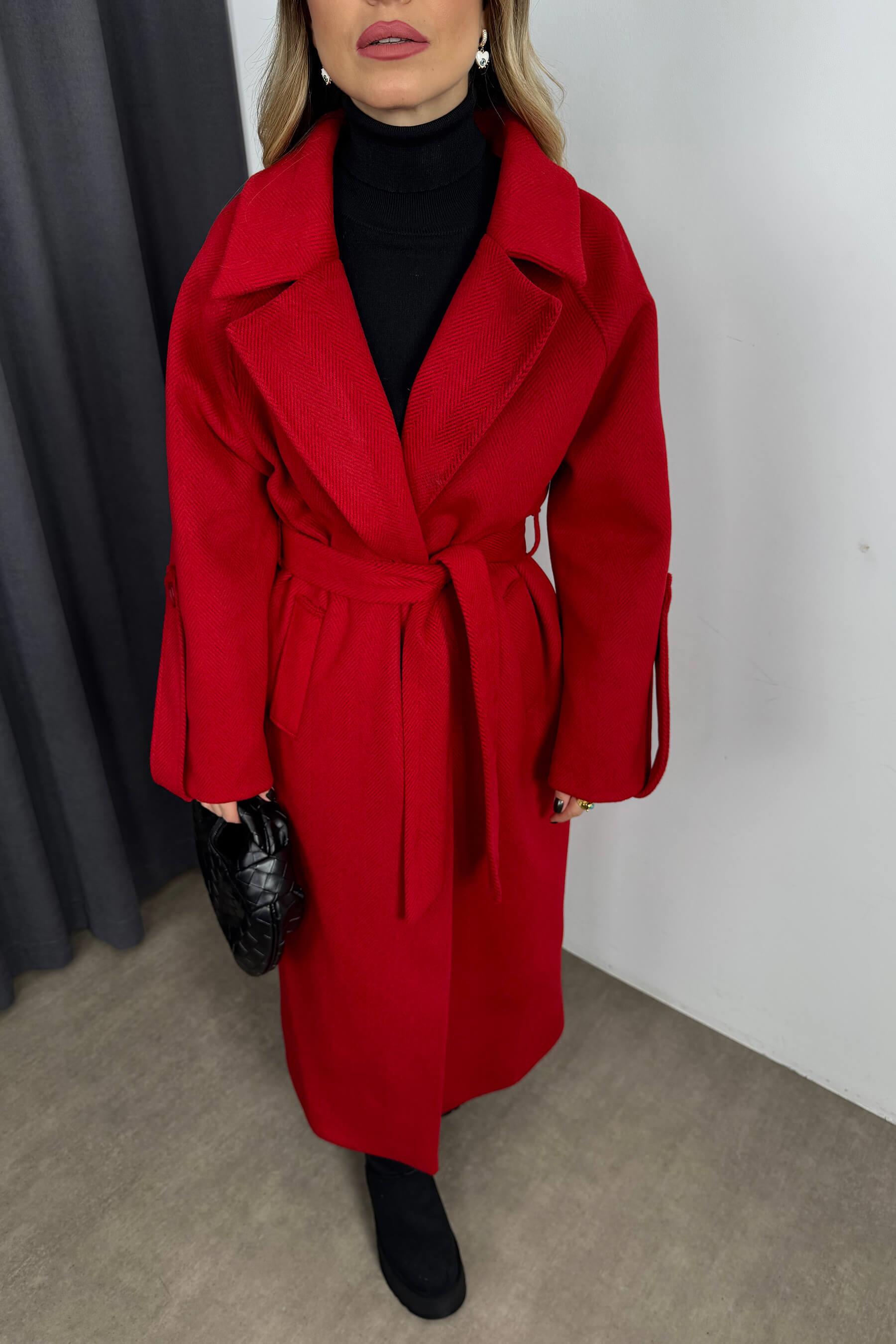 Kırmızı Balıksırtı Model Kuşaklı Astarlı Oversize Yün Kaban