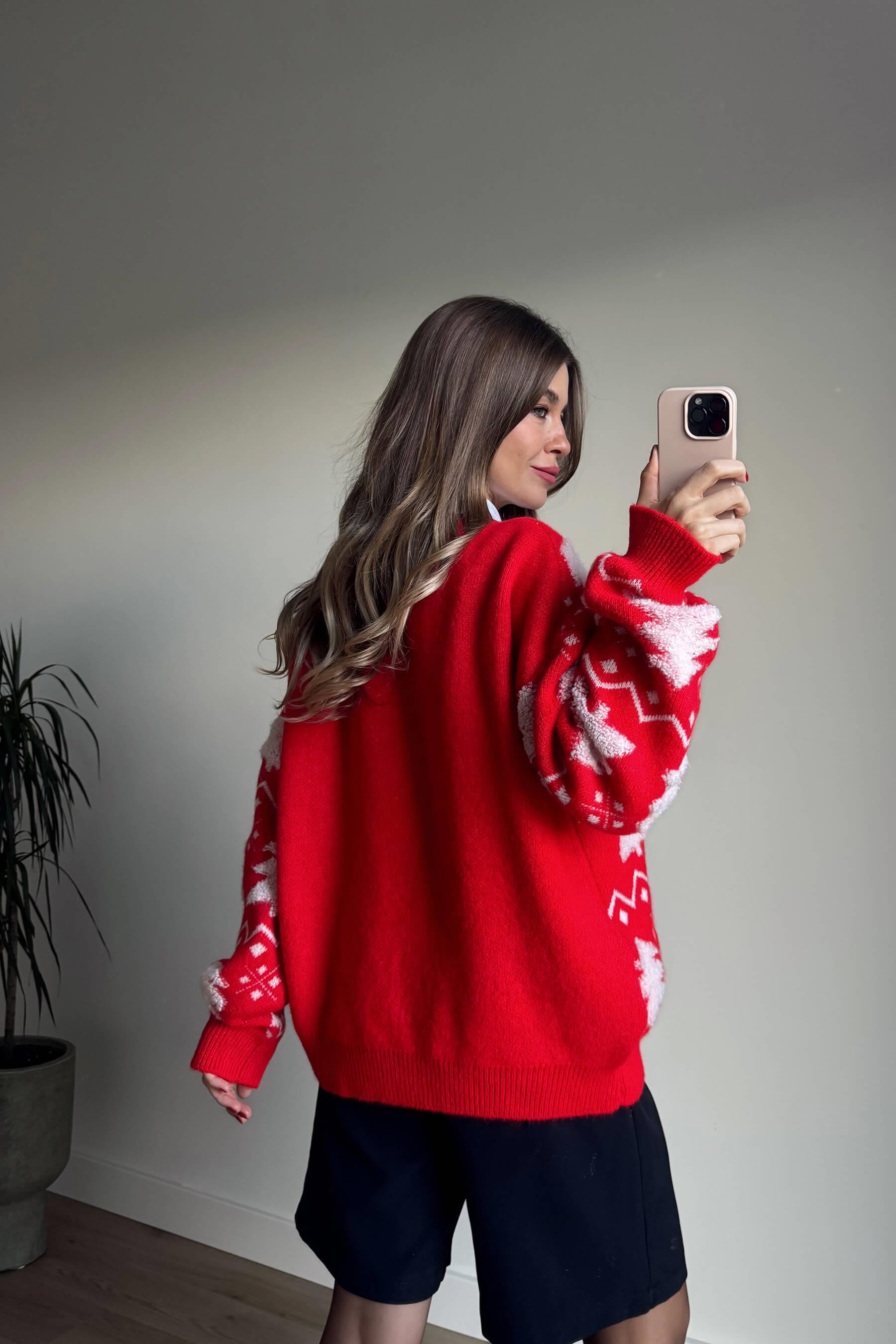 Kırmızı Beyaz Çam Ağaçlı Triko Kazak