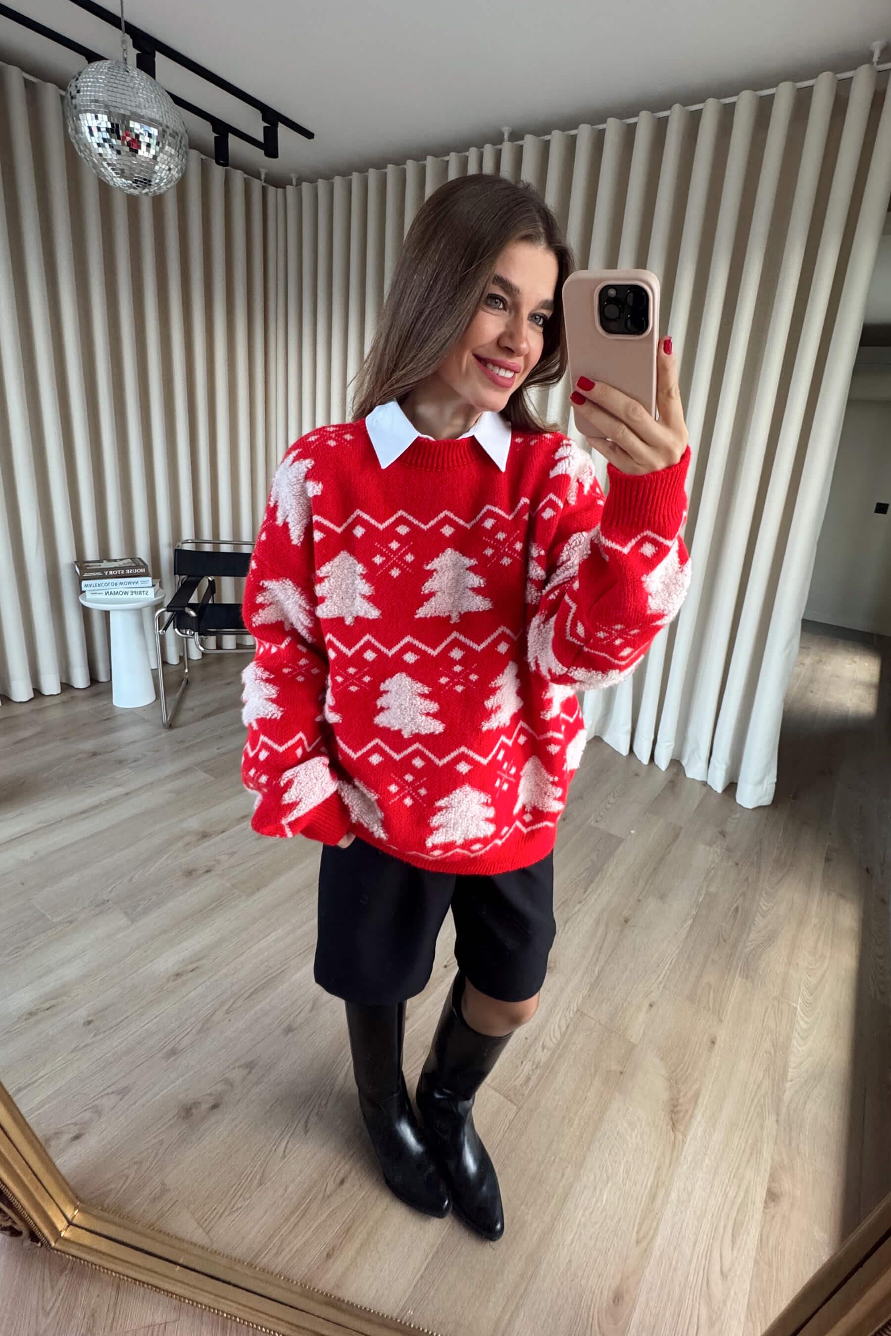 Kırmızı Beyaz Çam Ağaçlı Triko Kazak