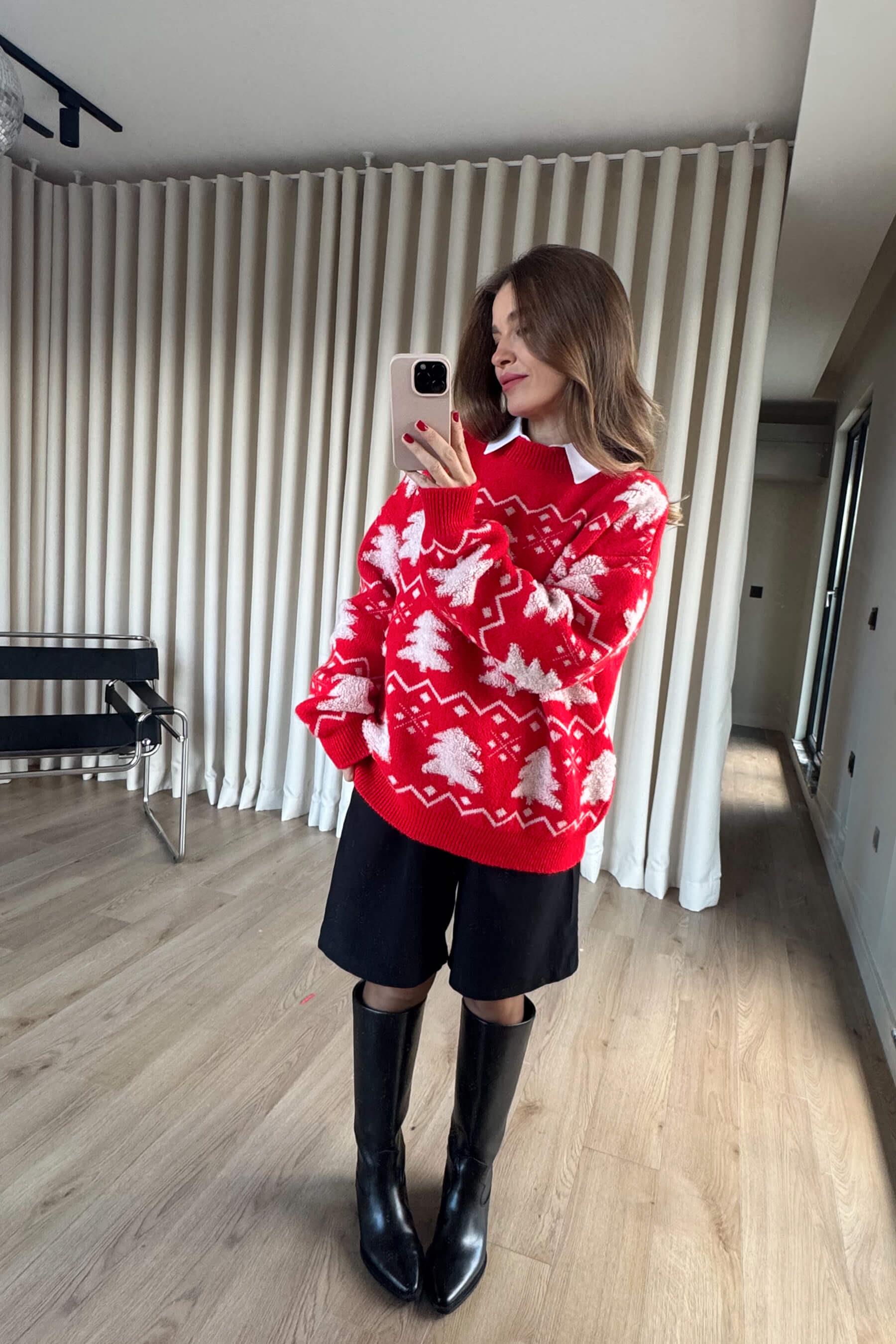 Kırmızı Beyaz Çam Ağaçlı Triko Kazak