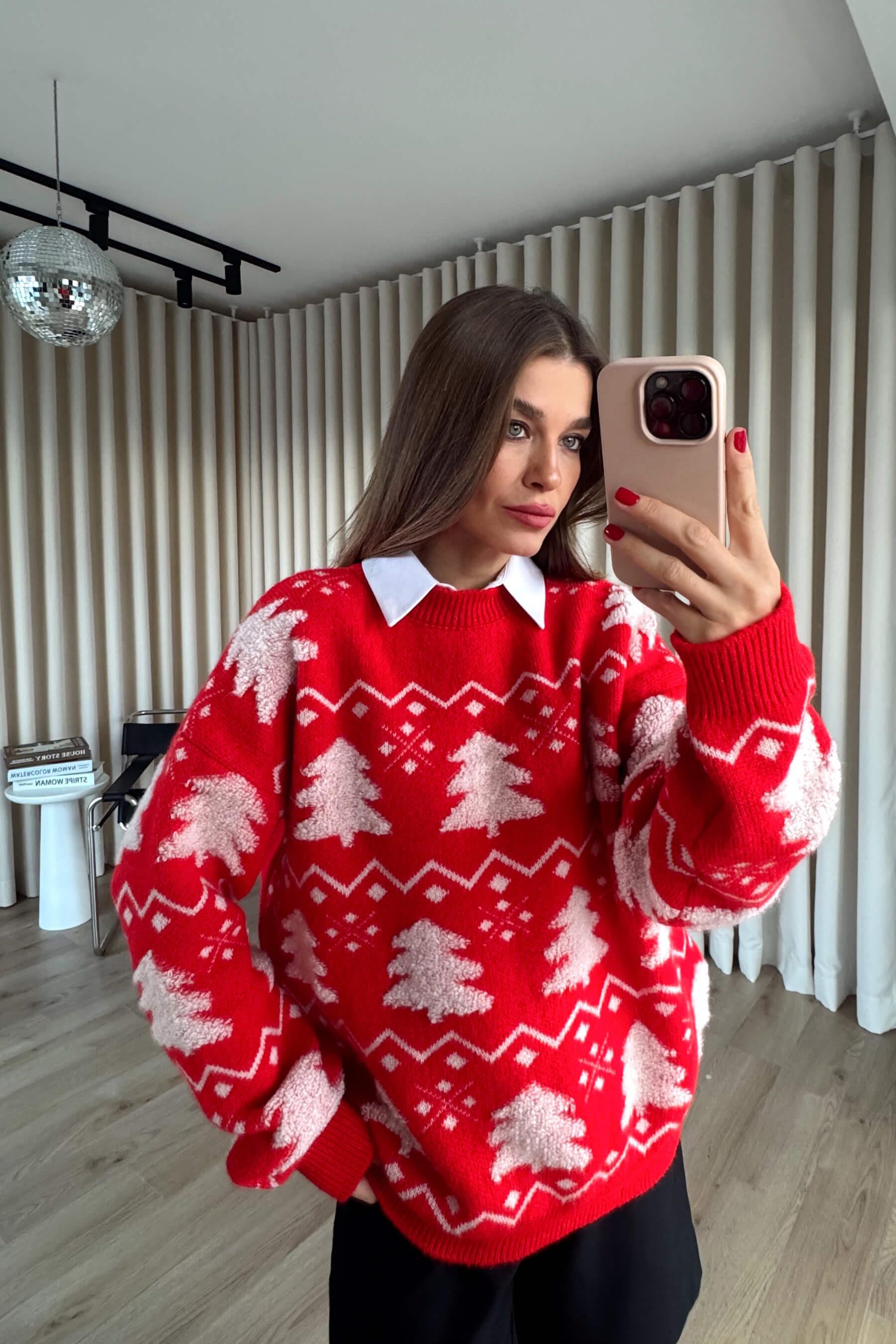 Kırmızı Beyaz Çam Ağaçlı Triko Kazak