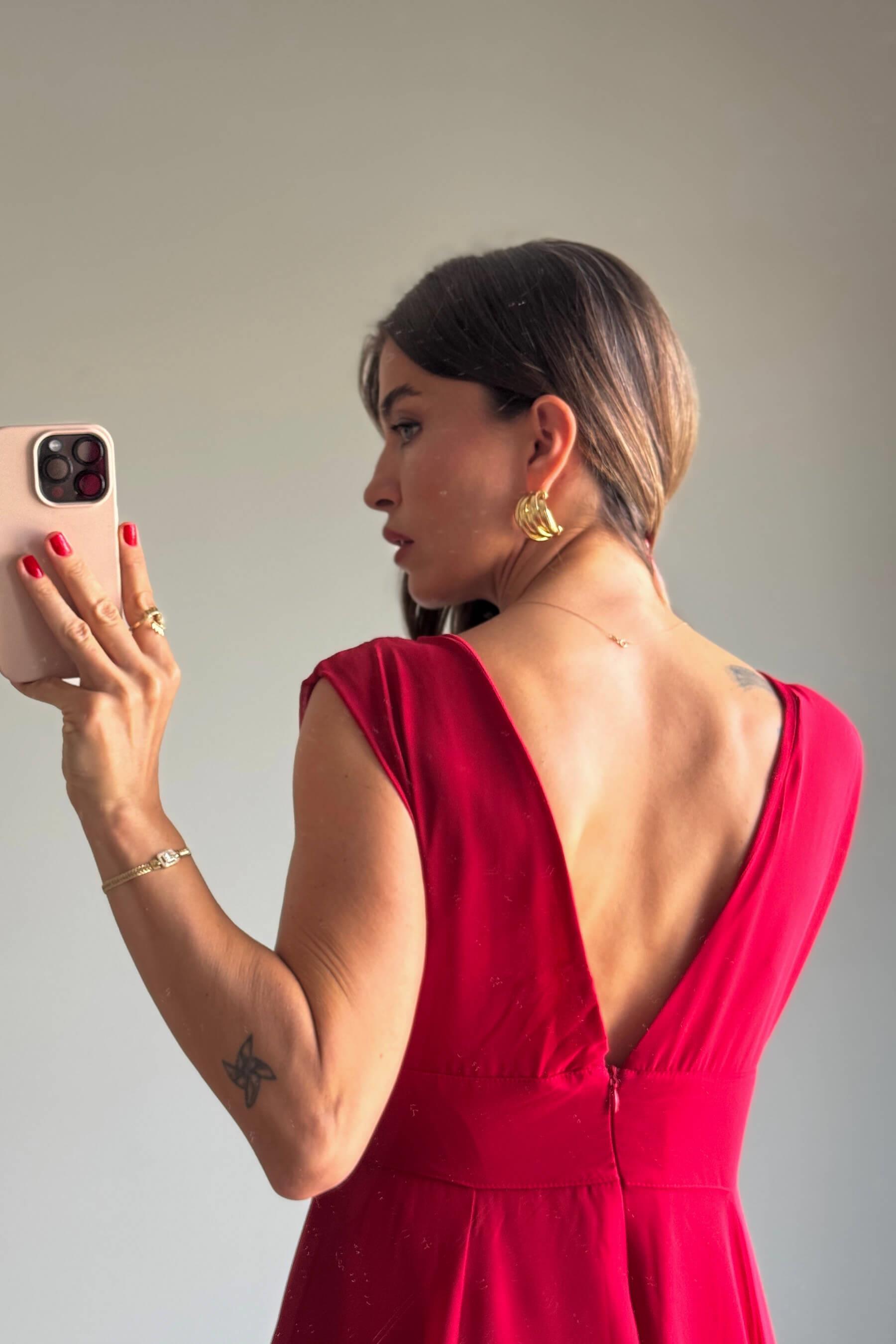 Kırmızı Derin V Yaka Kalın Askılı Astarlı Şifon Elbise