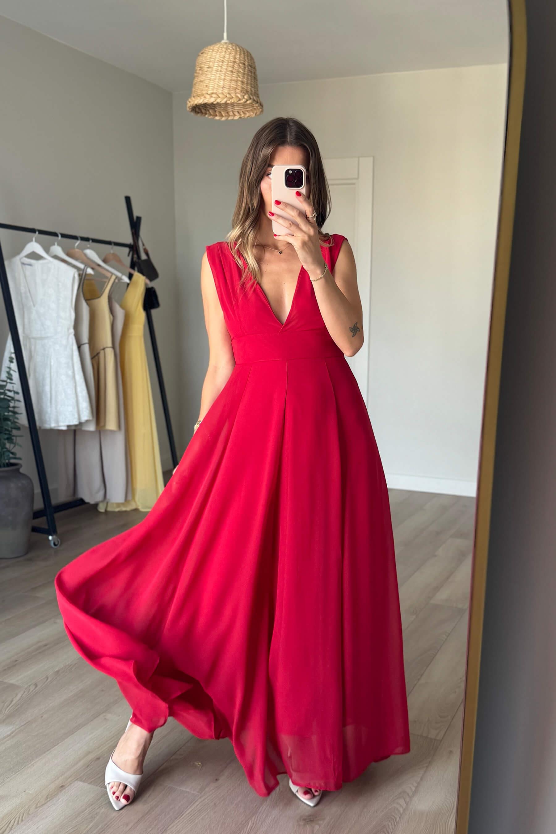 Kırmızı Derin V Yaka Kalın Askılı Astarlı Şifon Elbise