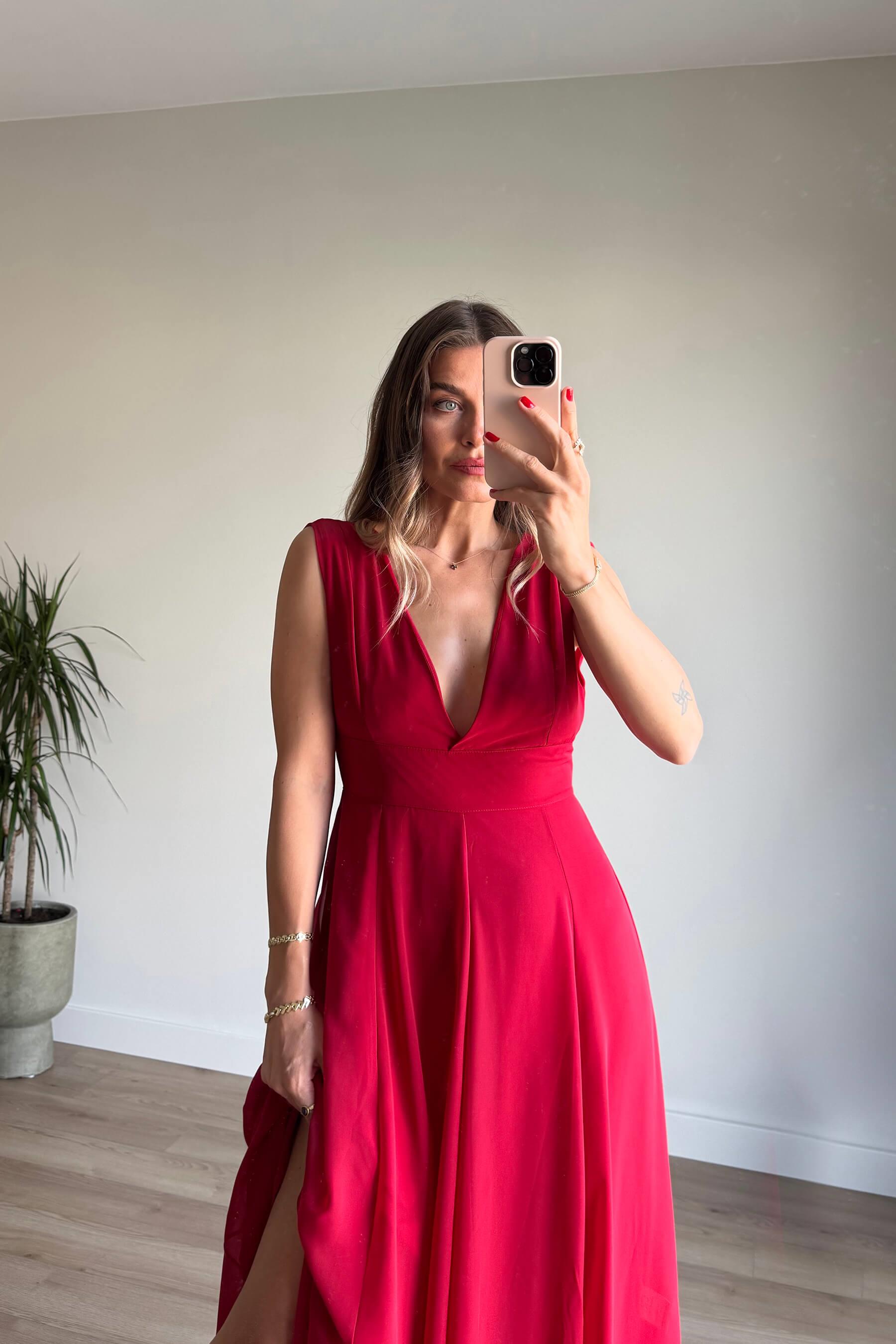Kırmızı Derin V Yaka Kalın Askılı Astarlı Şifon Elbise