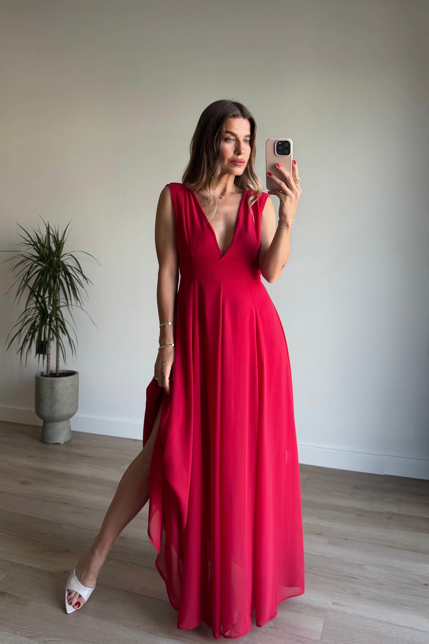 Kırmızı Derin V Yaka Kalın Askılı Astarlı Şifon Elbise