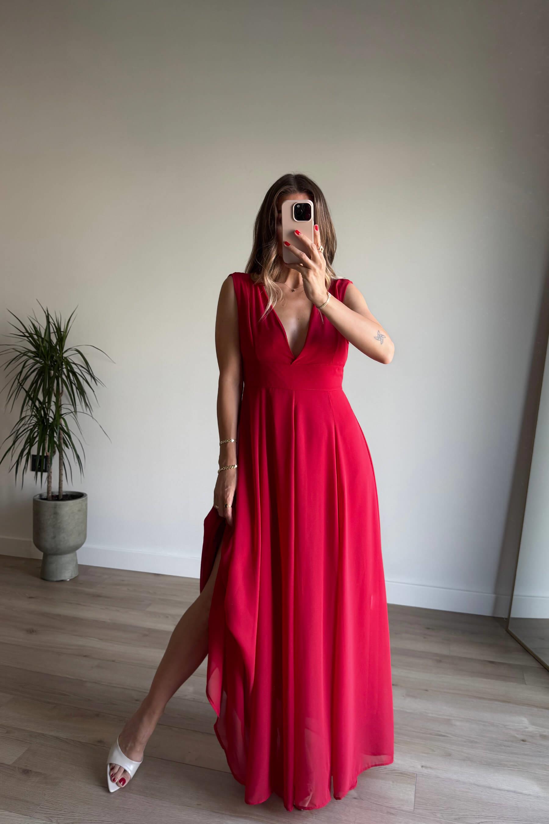 Kırmızı Derin V Yaka Kalın Askılı Astarlı Şifon Elbise