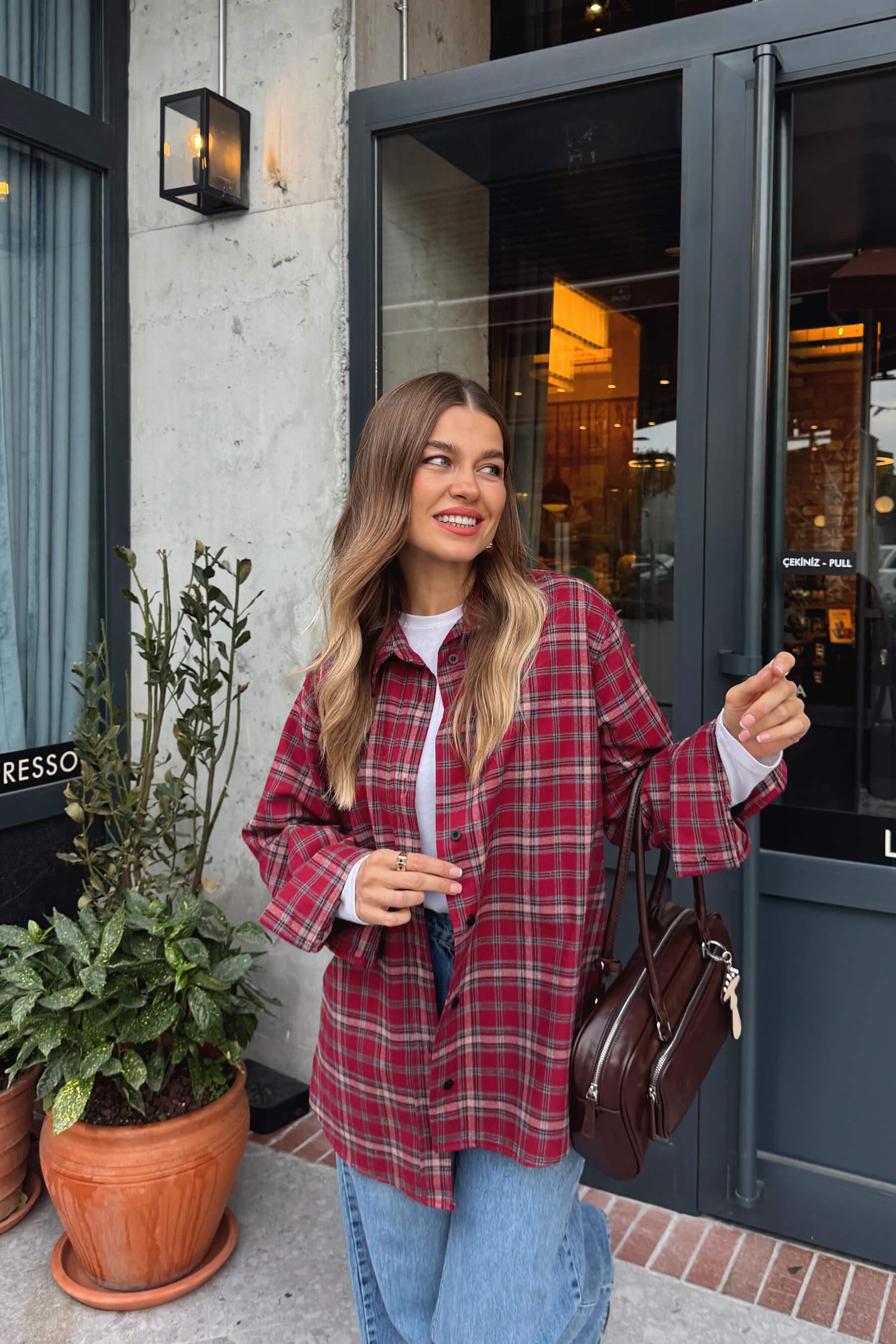 Kırmızı  Ekoseli Oversize Gömlek