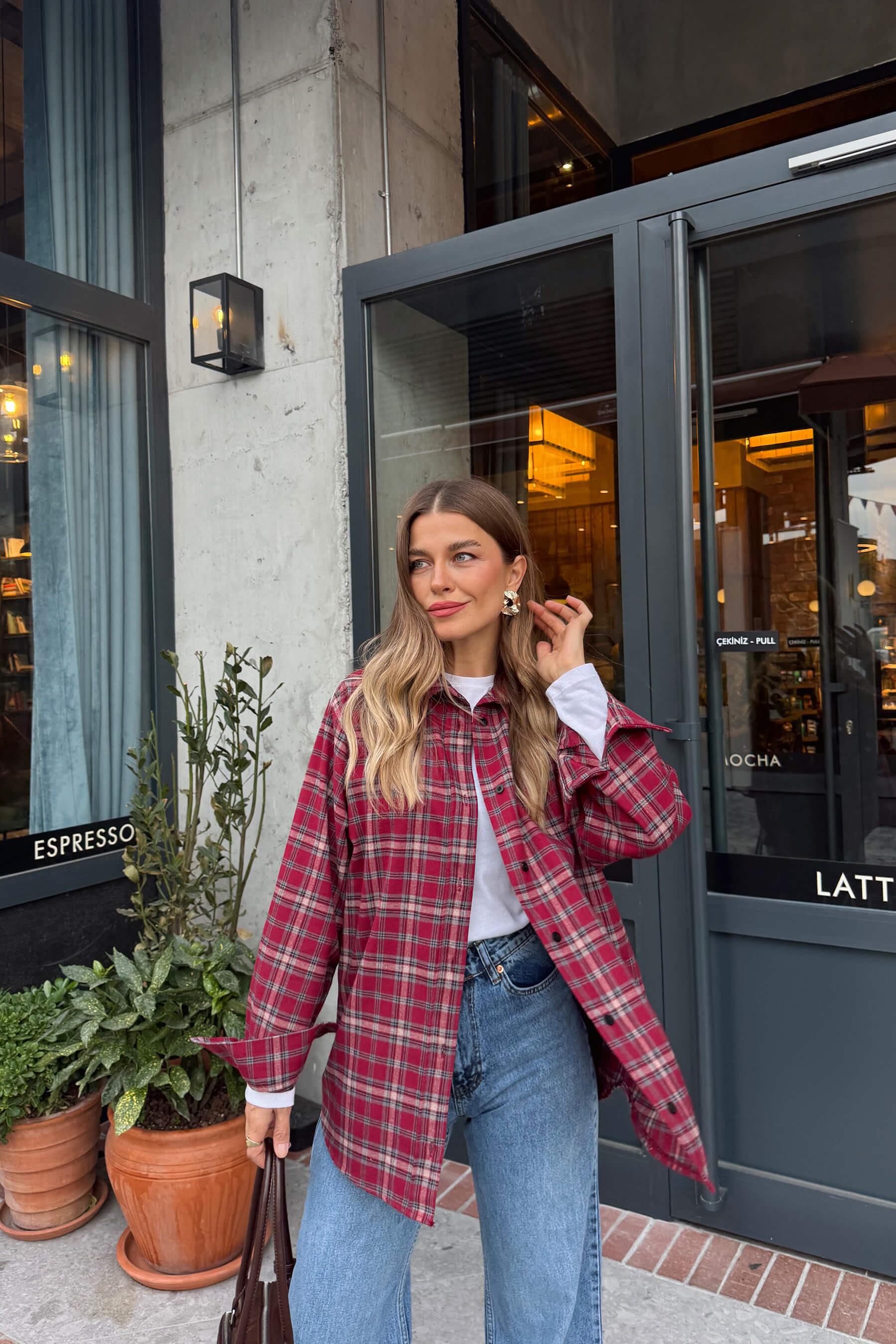 Kırmızı  Ekoseli Oversize Gömlek