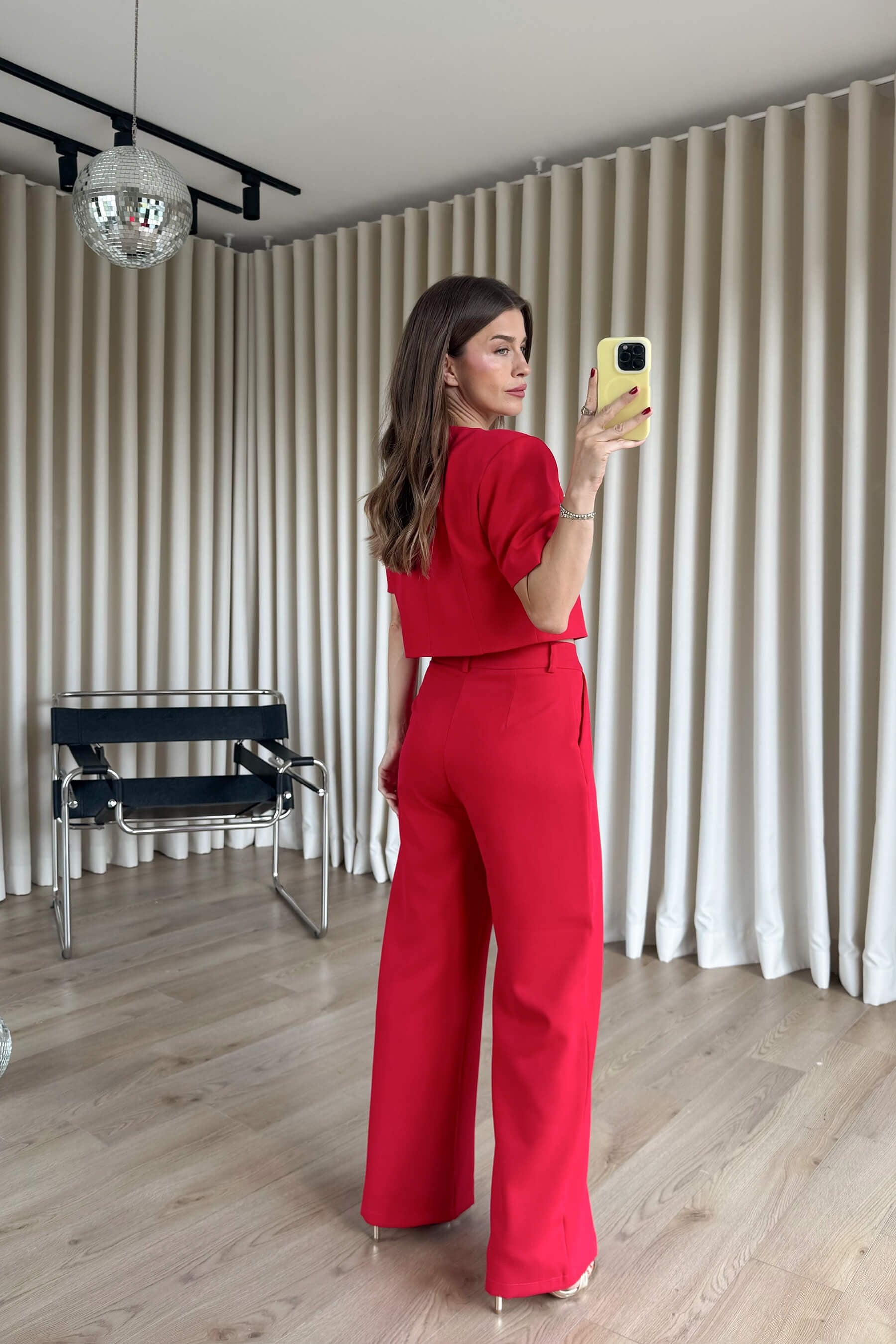 Kırmızı Gold Düğmeli Vatkalı Astarlı Bluz Pantolon Takım