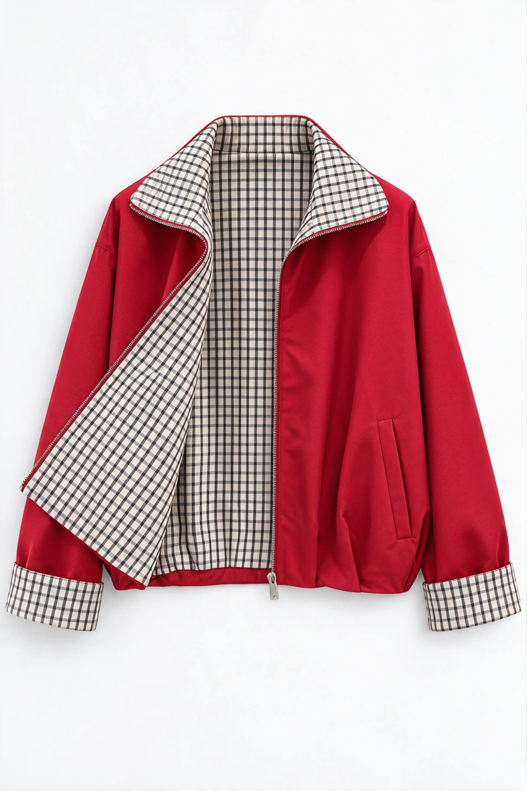 Kırmızı Kahve Ekoseli Oversize Bomber Trençkot