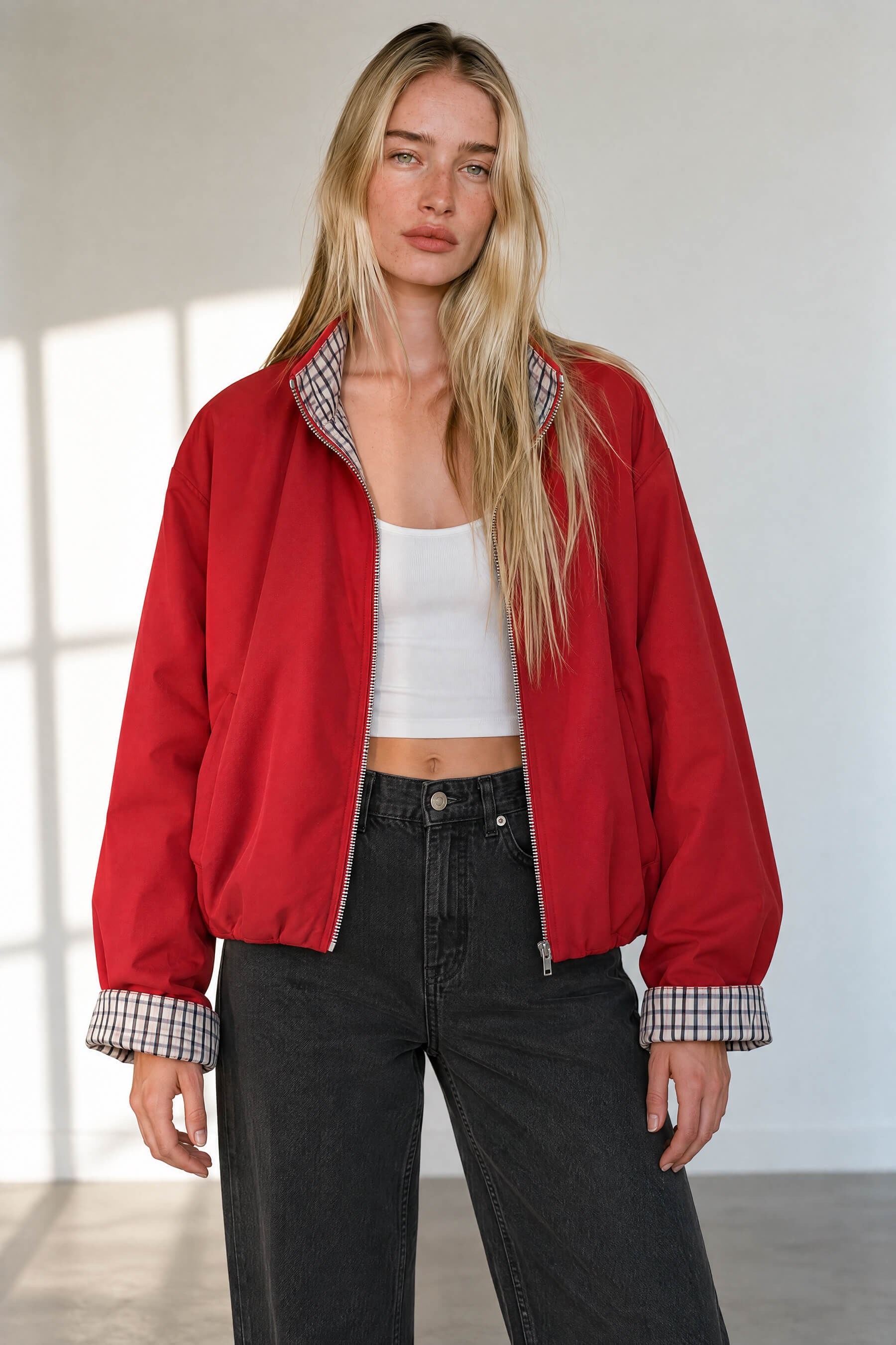 Kırmızı Kahve Ekoseli Oversize Bomber Trençkot