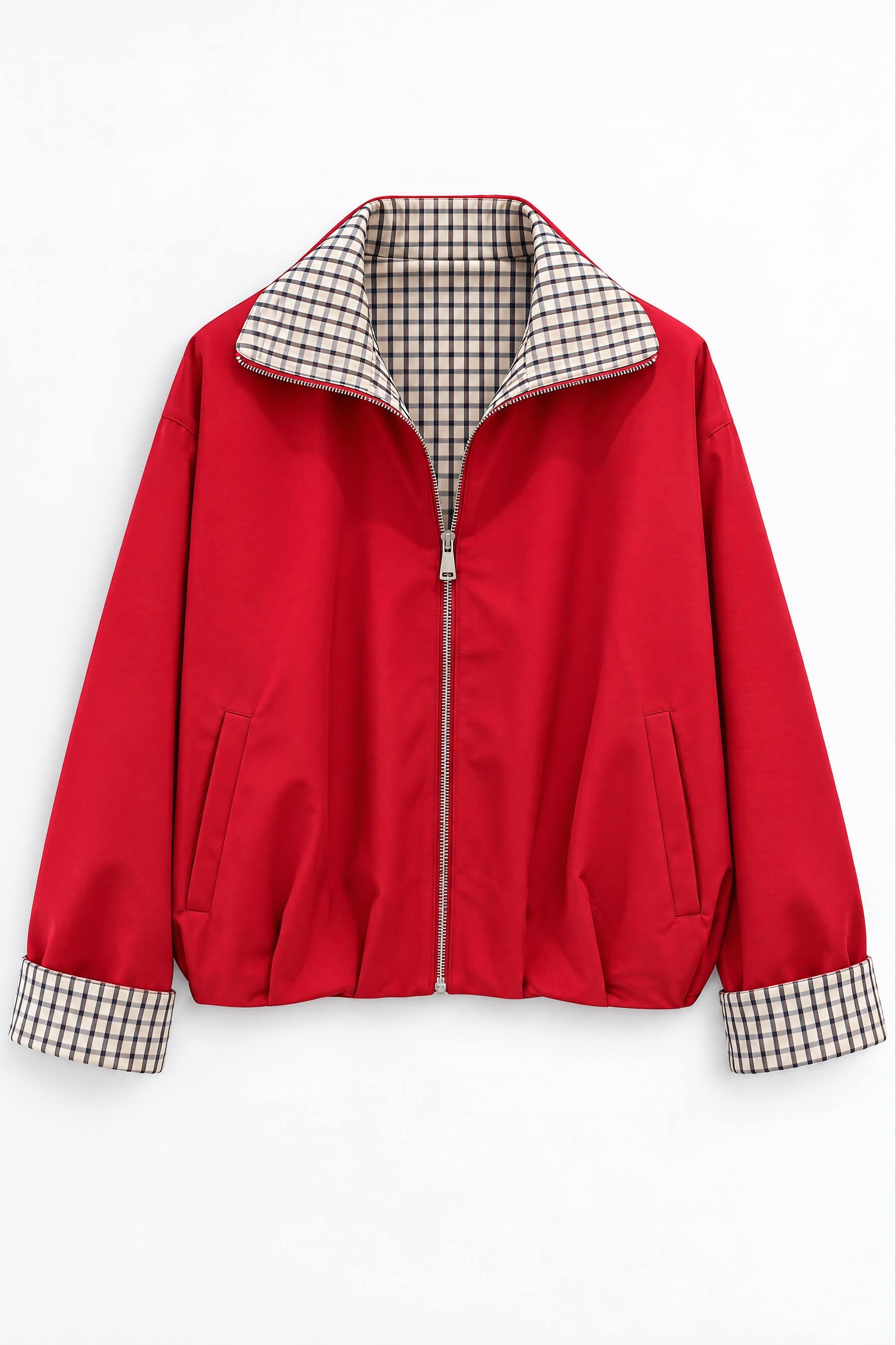 Kırmızı Kahve Ekoseli Oversize Bomber Trençkot