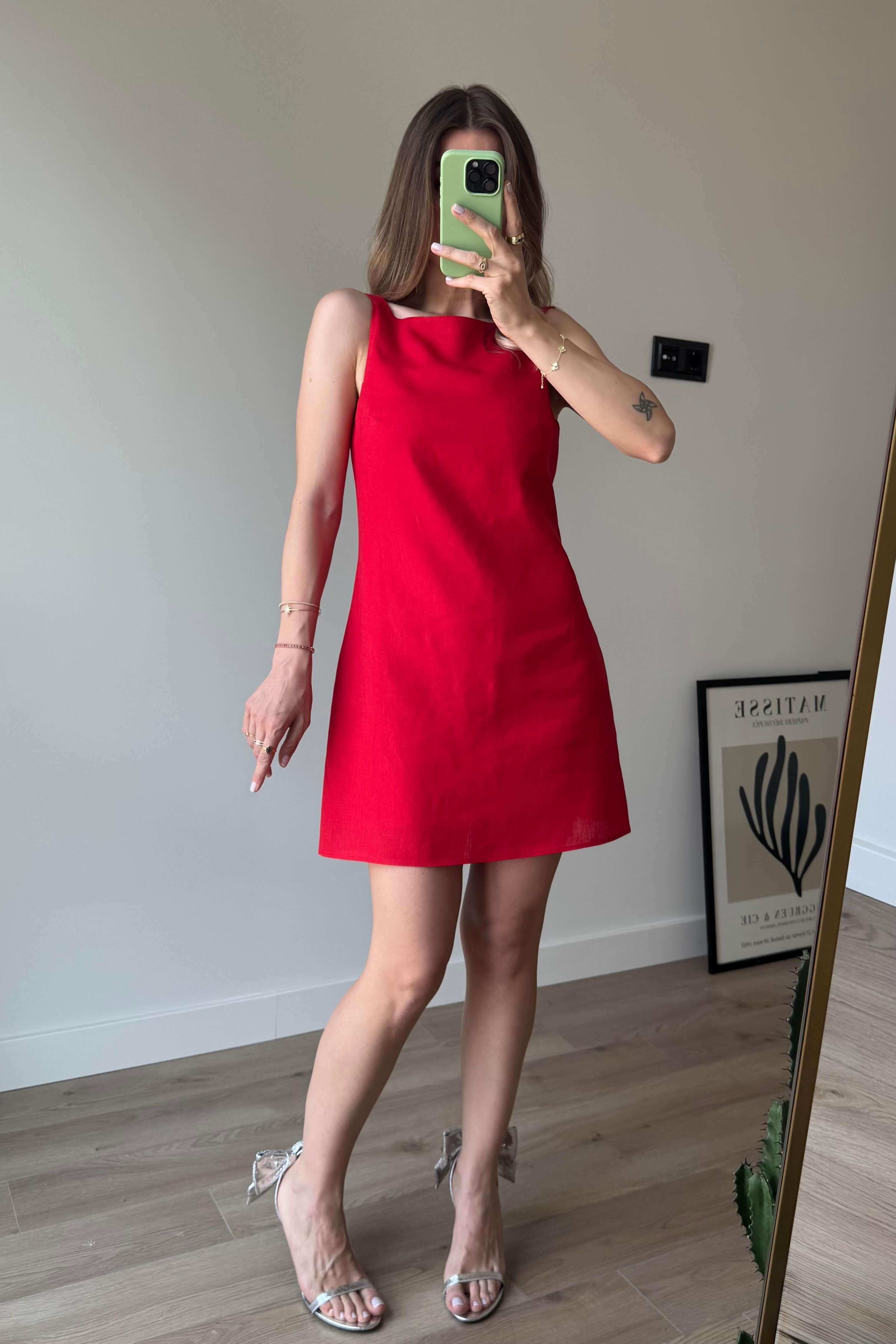 Kırmızı Kare Yaka Askılı Astarlı Premium Keten Elbise