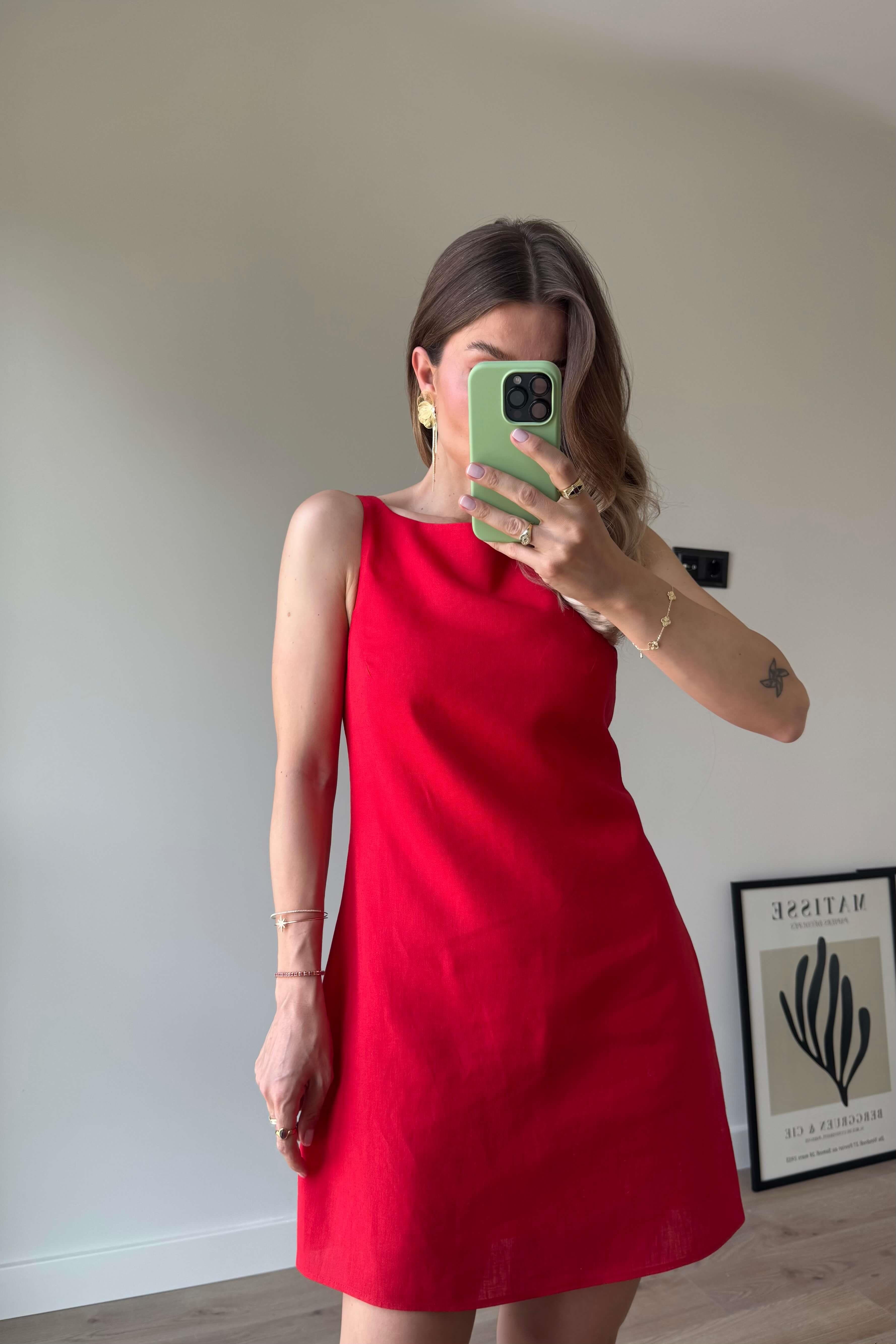 Kırmızı Kare Yaka Askılı Astarlı Premium Keten Elbise