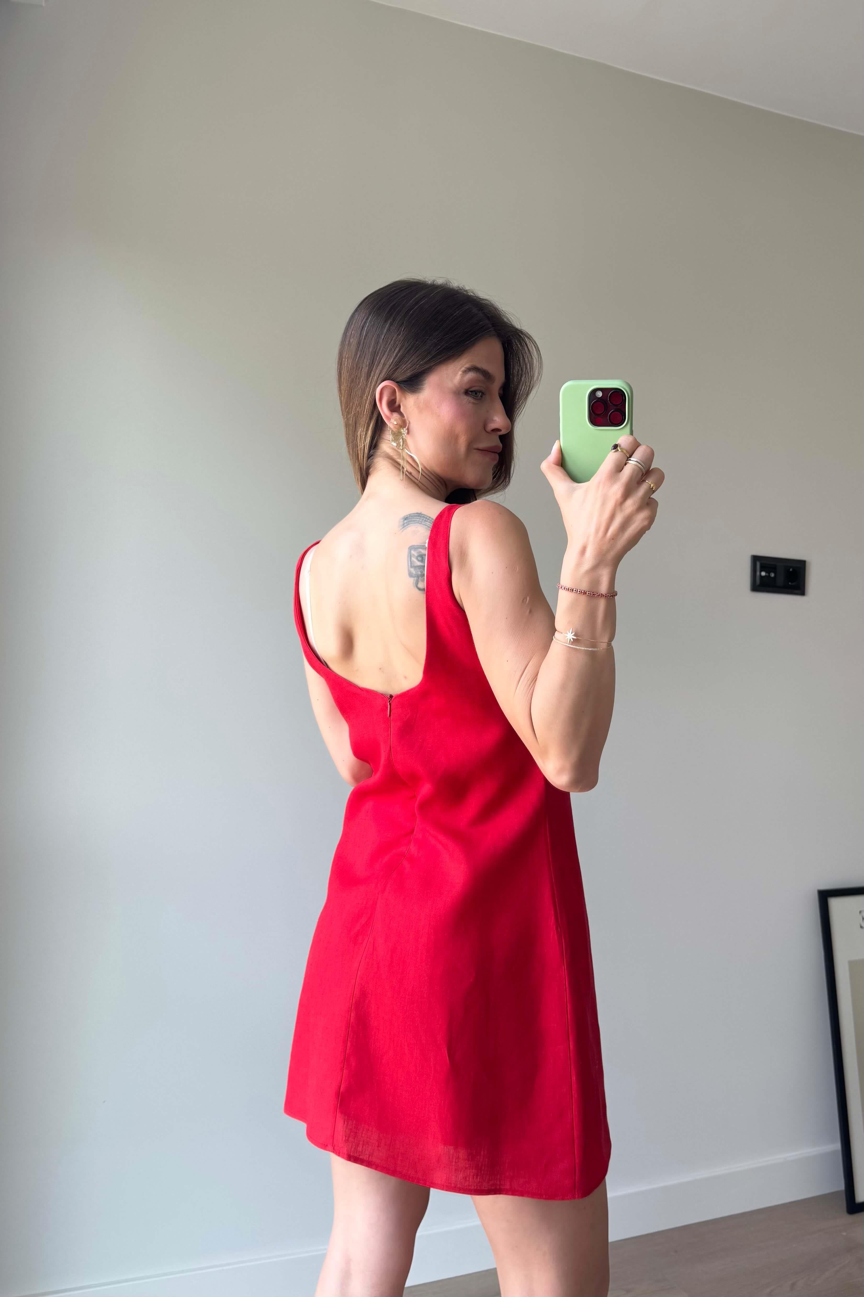 Kırmızı Kare Yaka Askılı Astarlı Premium Keten Elbise