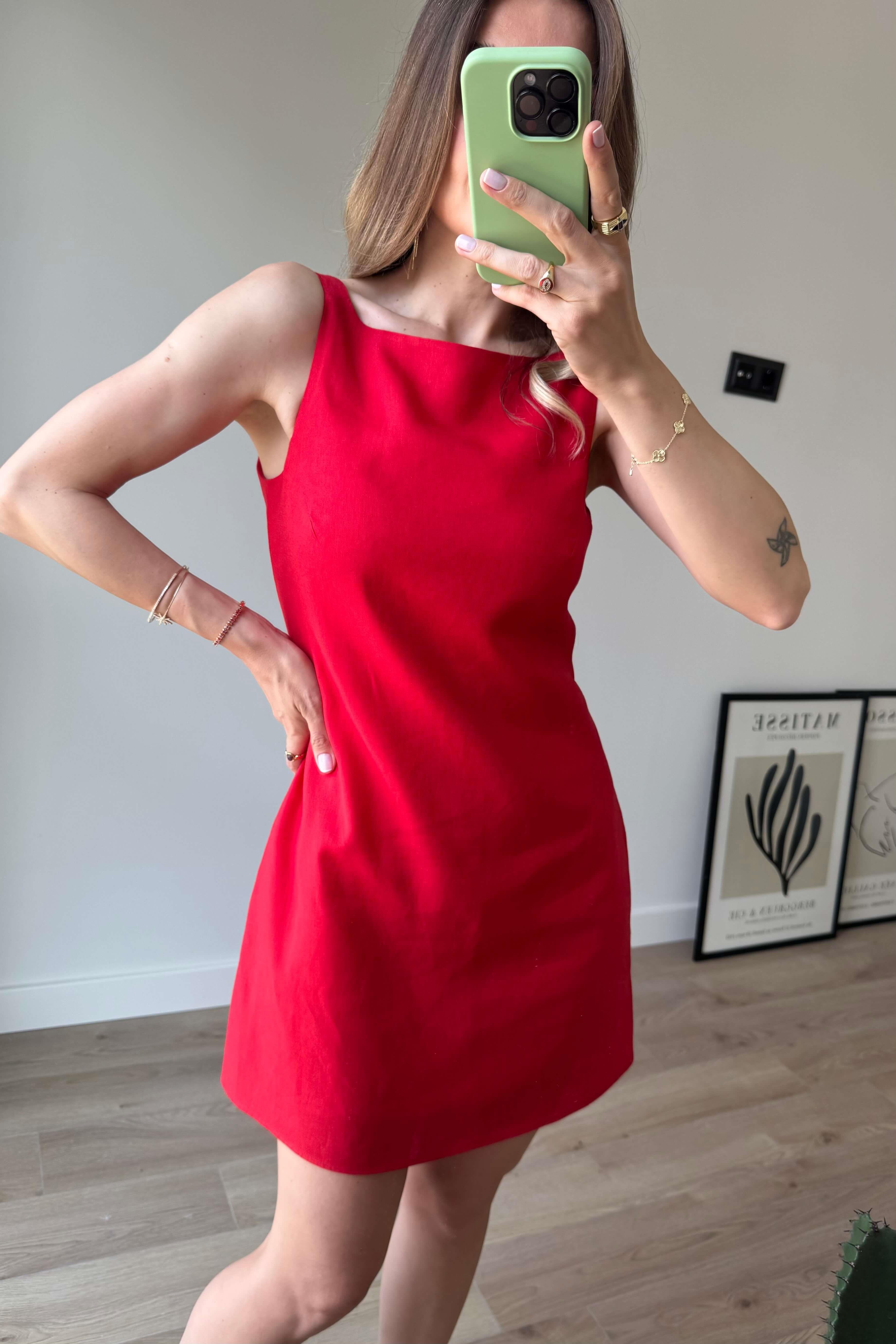 Kırmızı Kare Yaka Askılı Astarlı Premium Keten Elbise