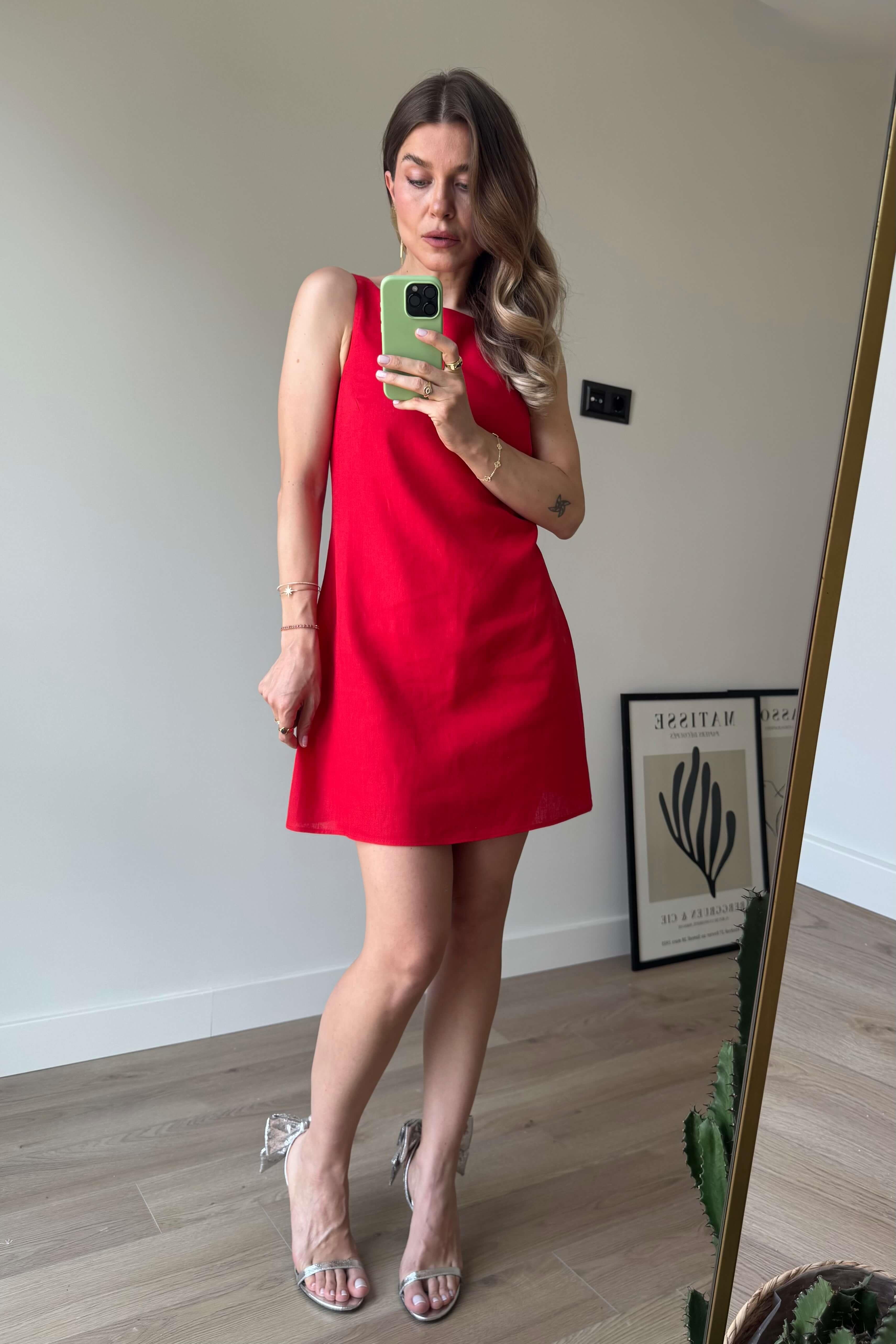 Kırmızı Kare Yaka Askılı Astarlı Premium Keten Elbise