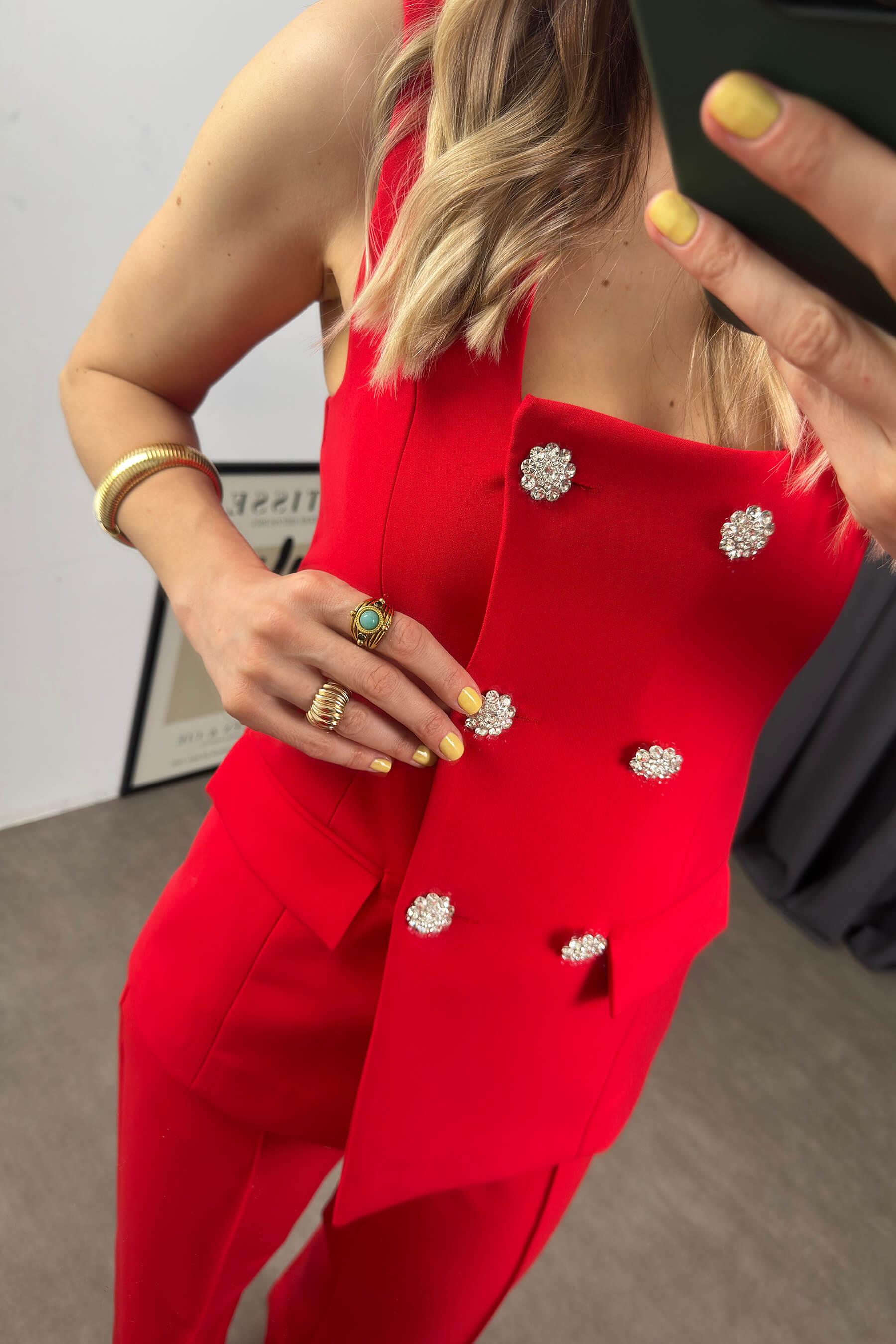 Kırmızı Kristal Papatya Düğmeli Taşlı Yelek Pantolon Takım