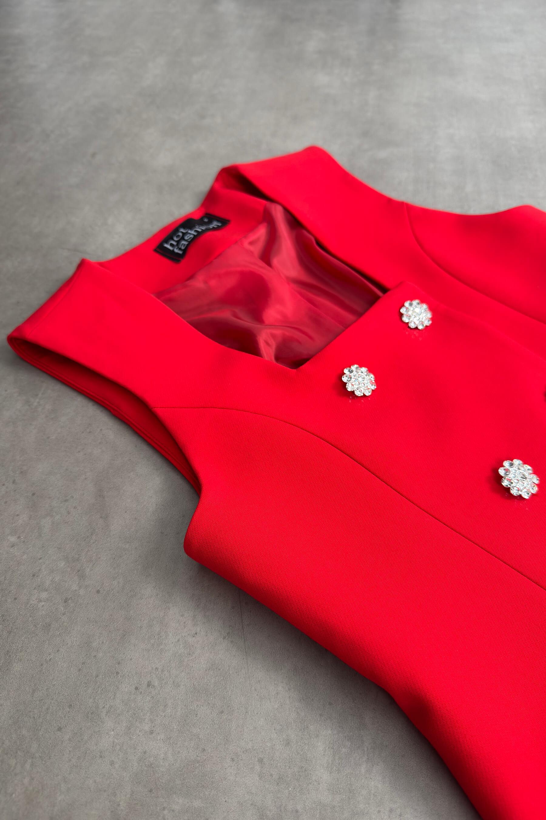 Kırmızı Kristal Papatya Düğmeli Taşlı Yelek Pantolon Takım