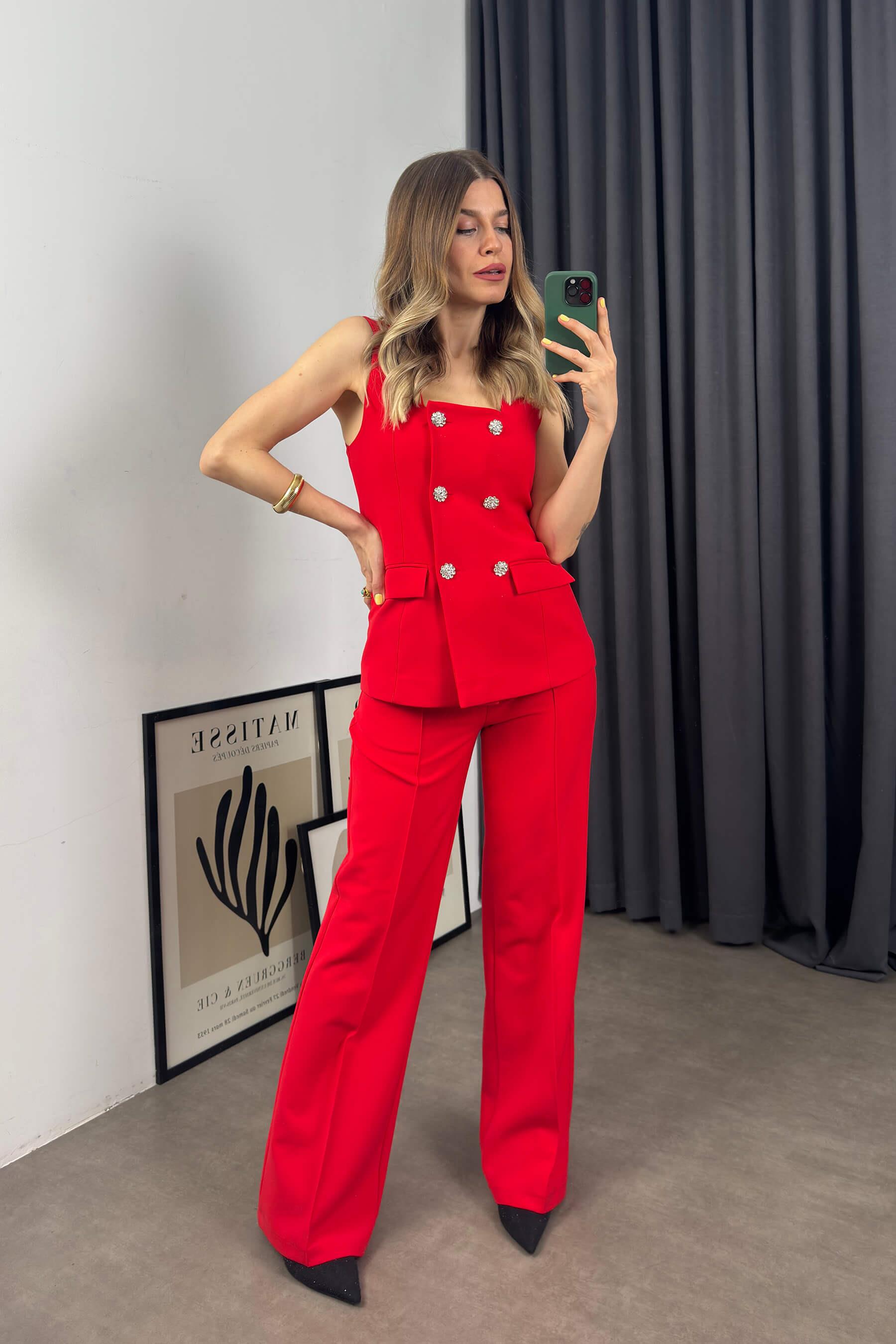 Kırmızı Kristal Papatya Düğmeli Taşlı Yelek Pantolon Takım