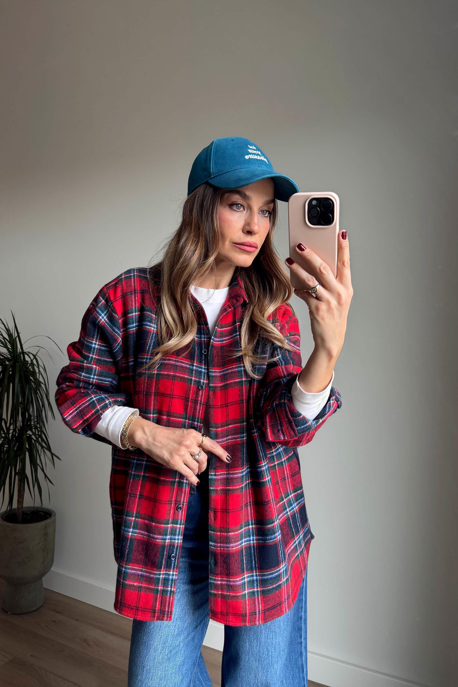 Kırmızı Lacivert Ekoseli Oversize Oduncu Gömlek
